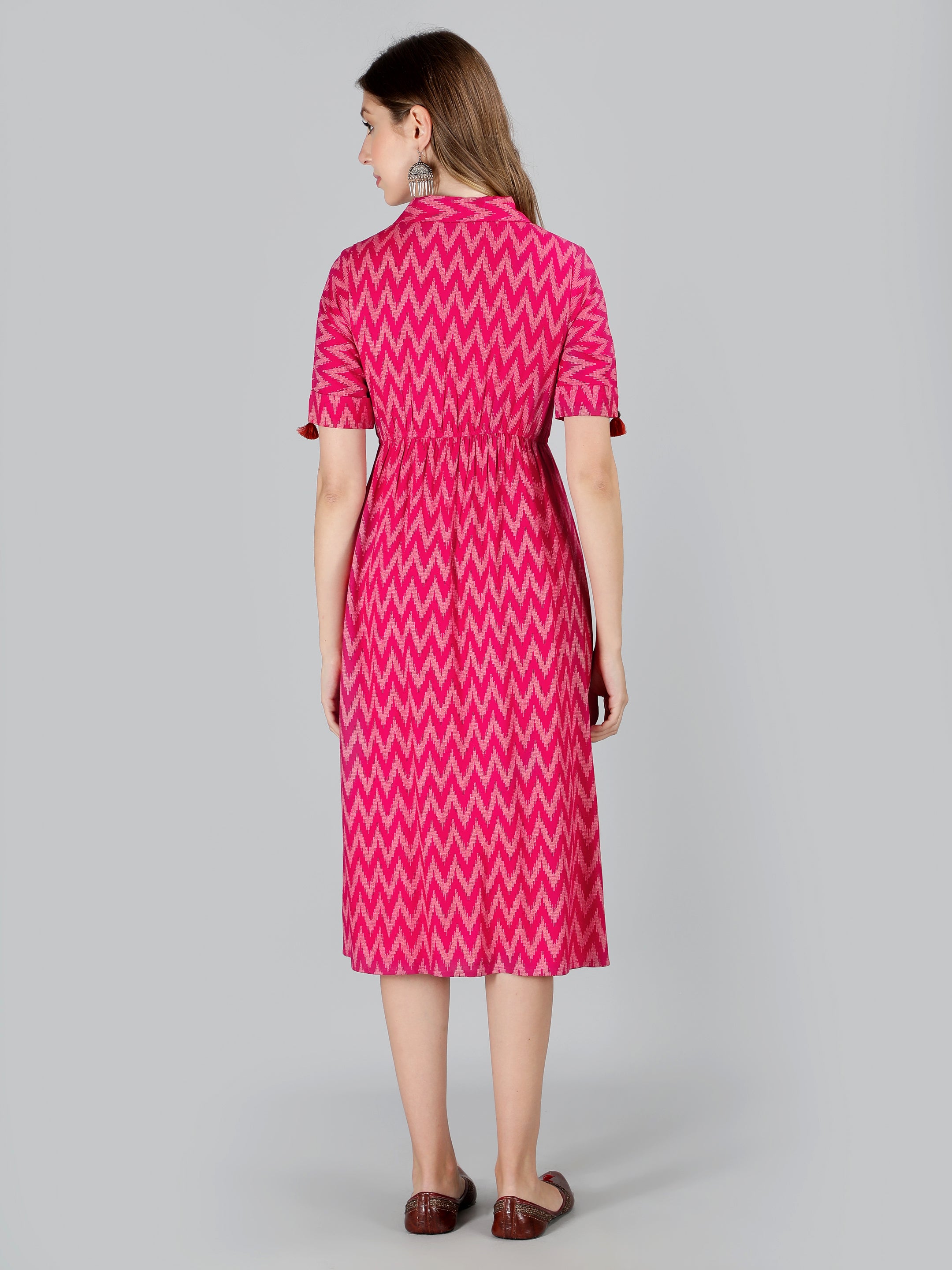 Pink Viscose Printed Flared Dress