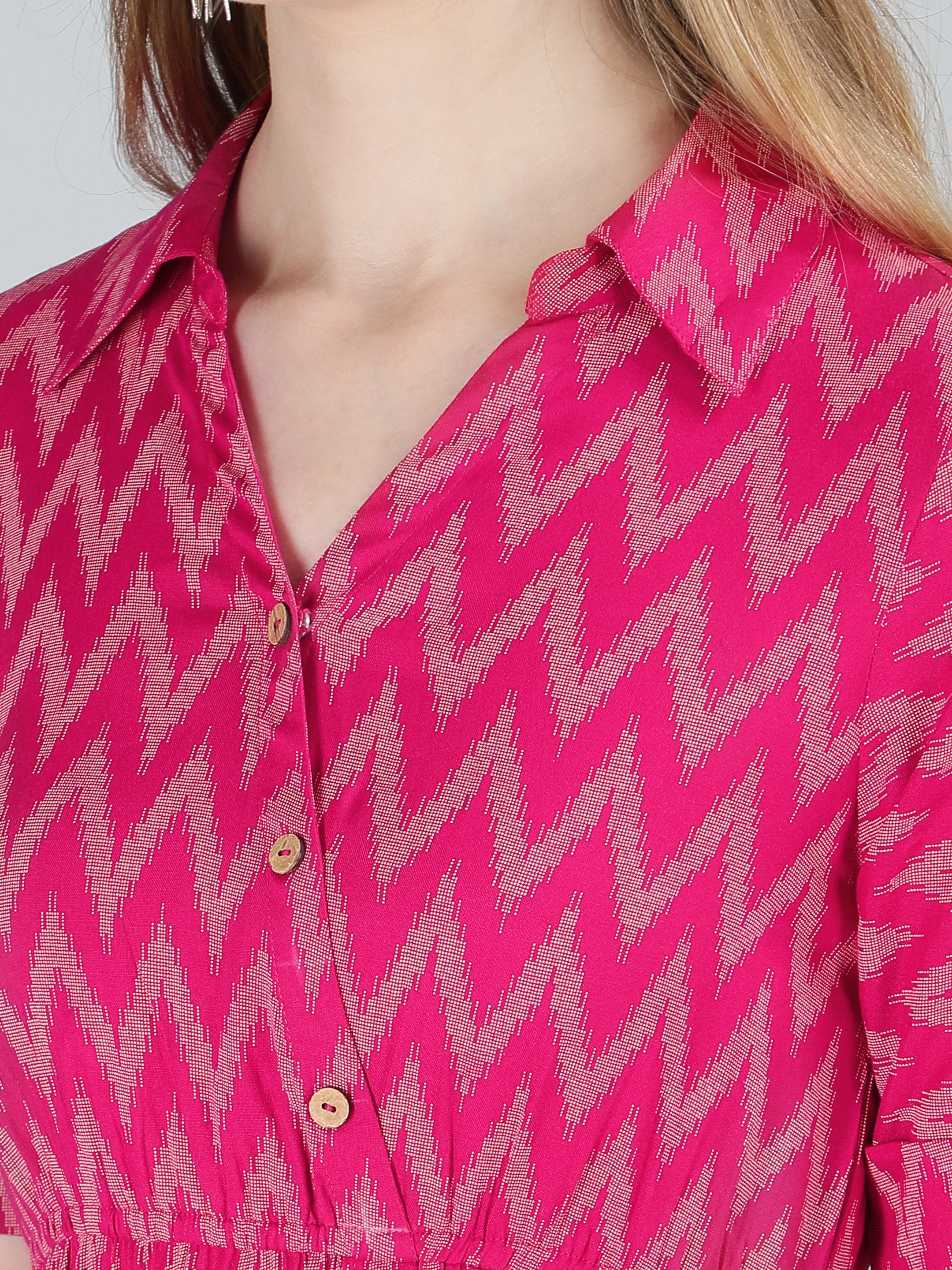 Pink Viscose Printed Flared Dress