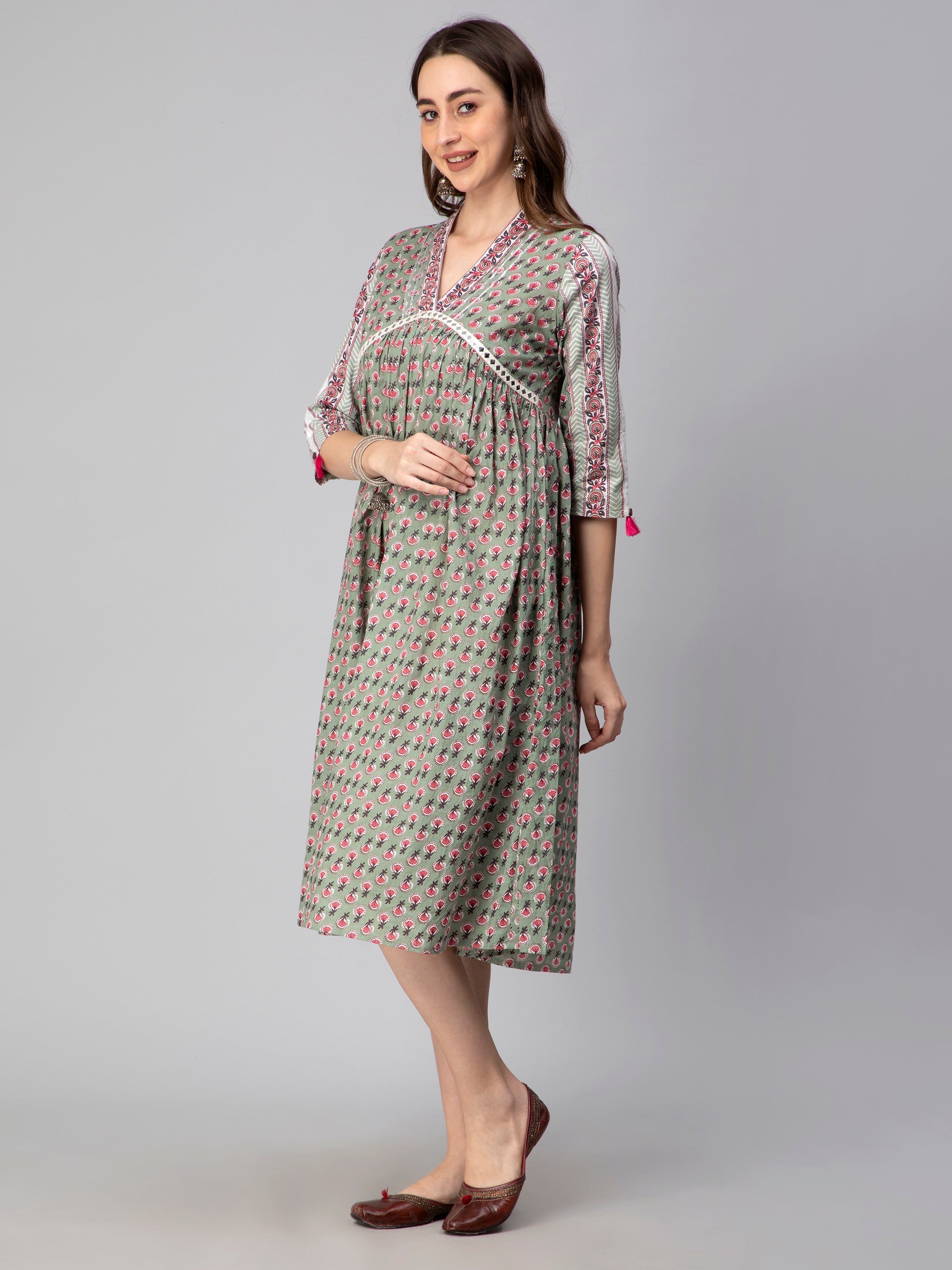 Gray Cotton Floral Printed Flared Dress