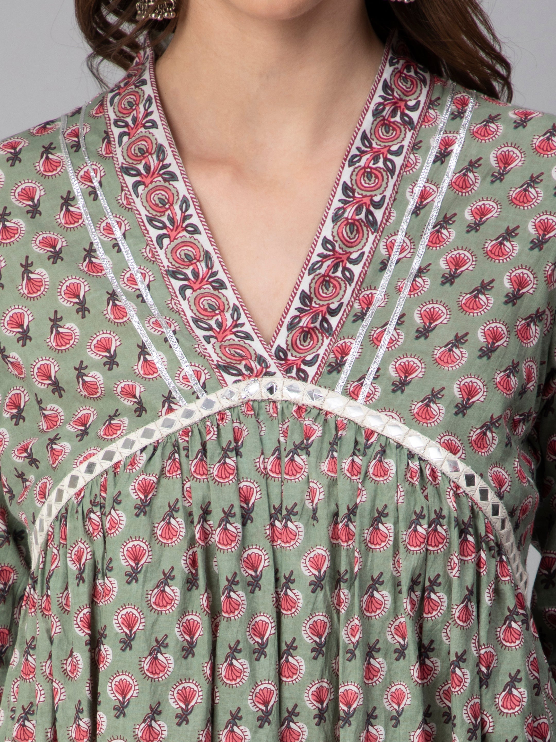 Gray Cotton Floral Printed Flared Dress