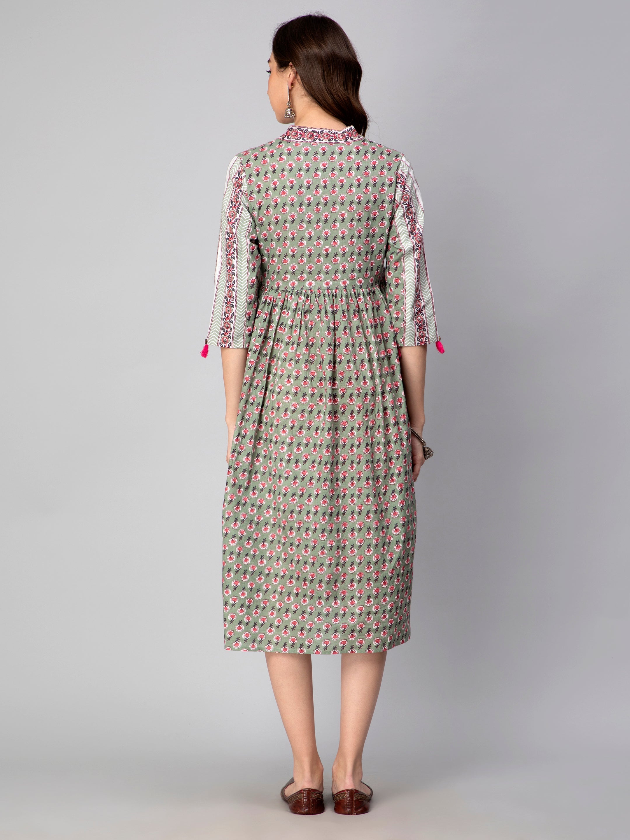 Gray Cotton Floral Printed Flared Dress