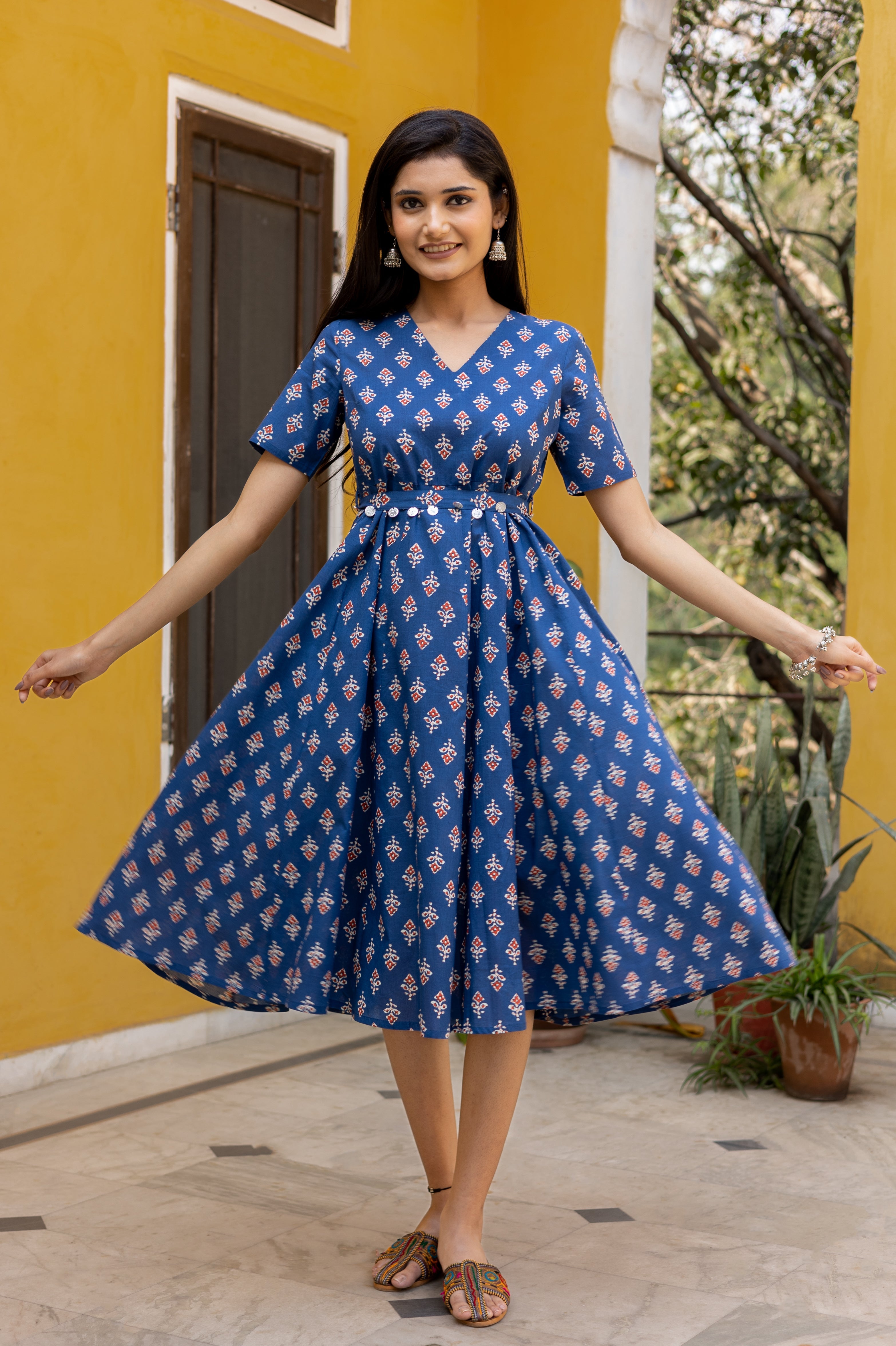 Blue Cotton Floral Printed Flared Dress