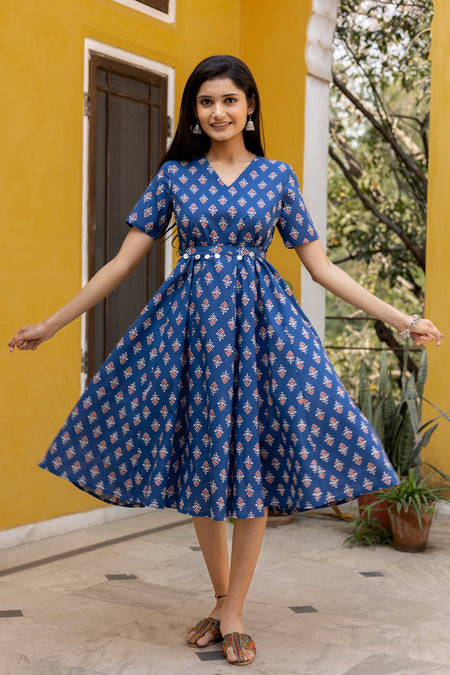 Blue Cotton Floral Printed Flared Dress