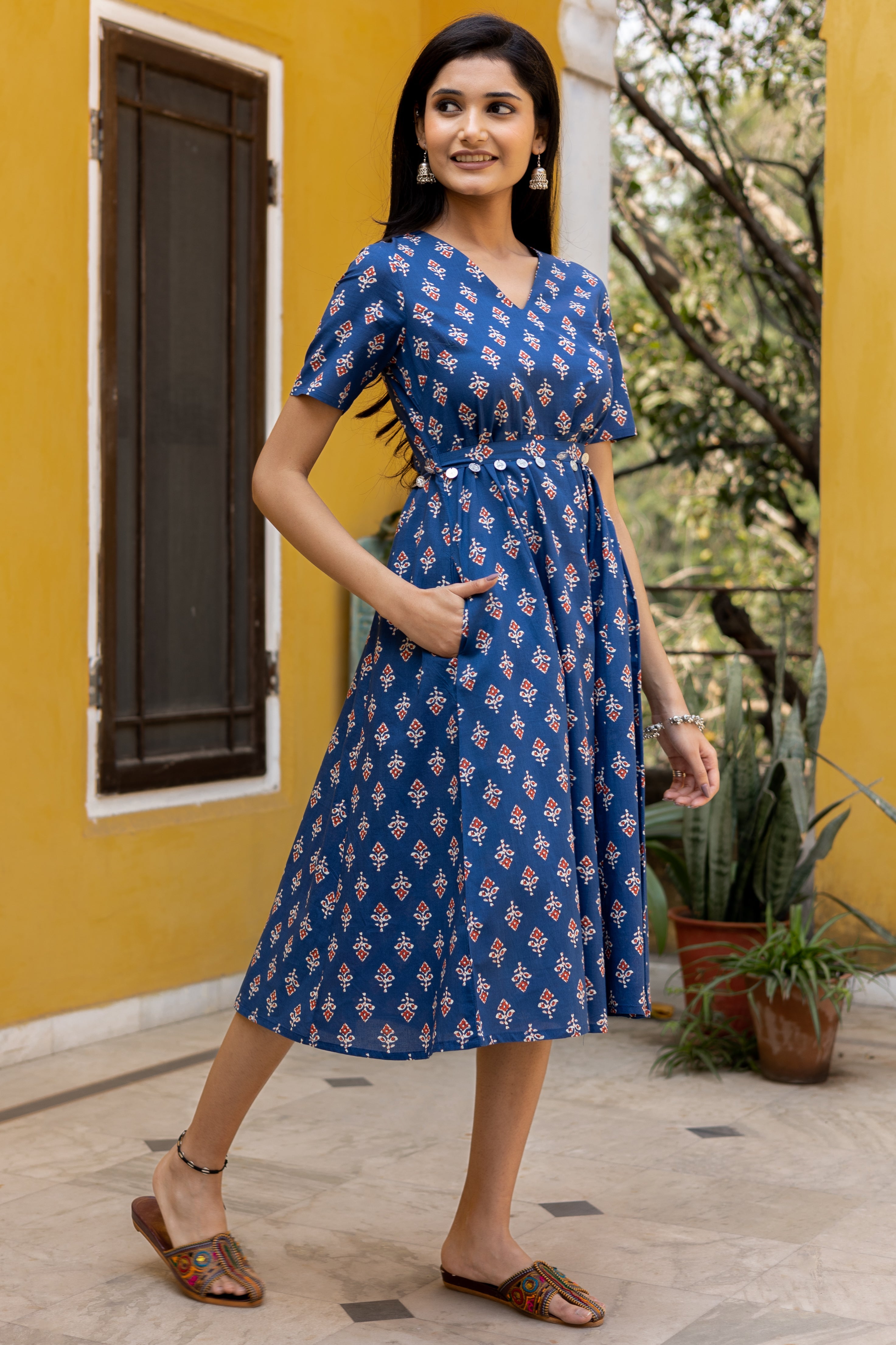 Blue Cotton Floral Printed Flared Dress