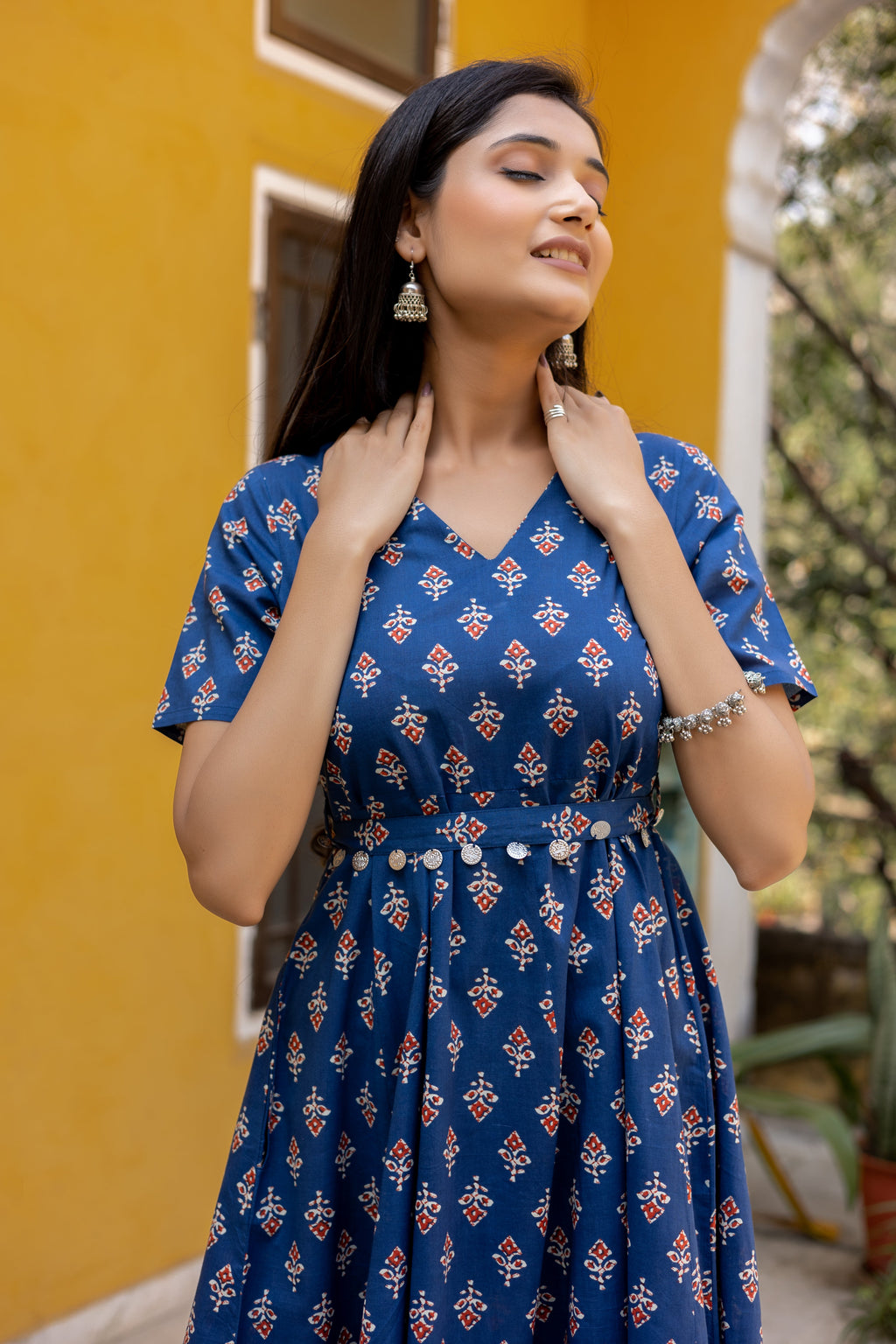 Blue Cotton Floral Printed Flared Dress