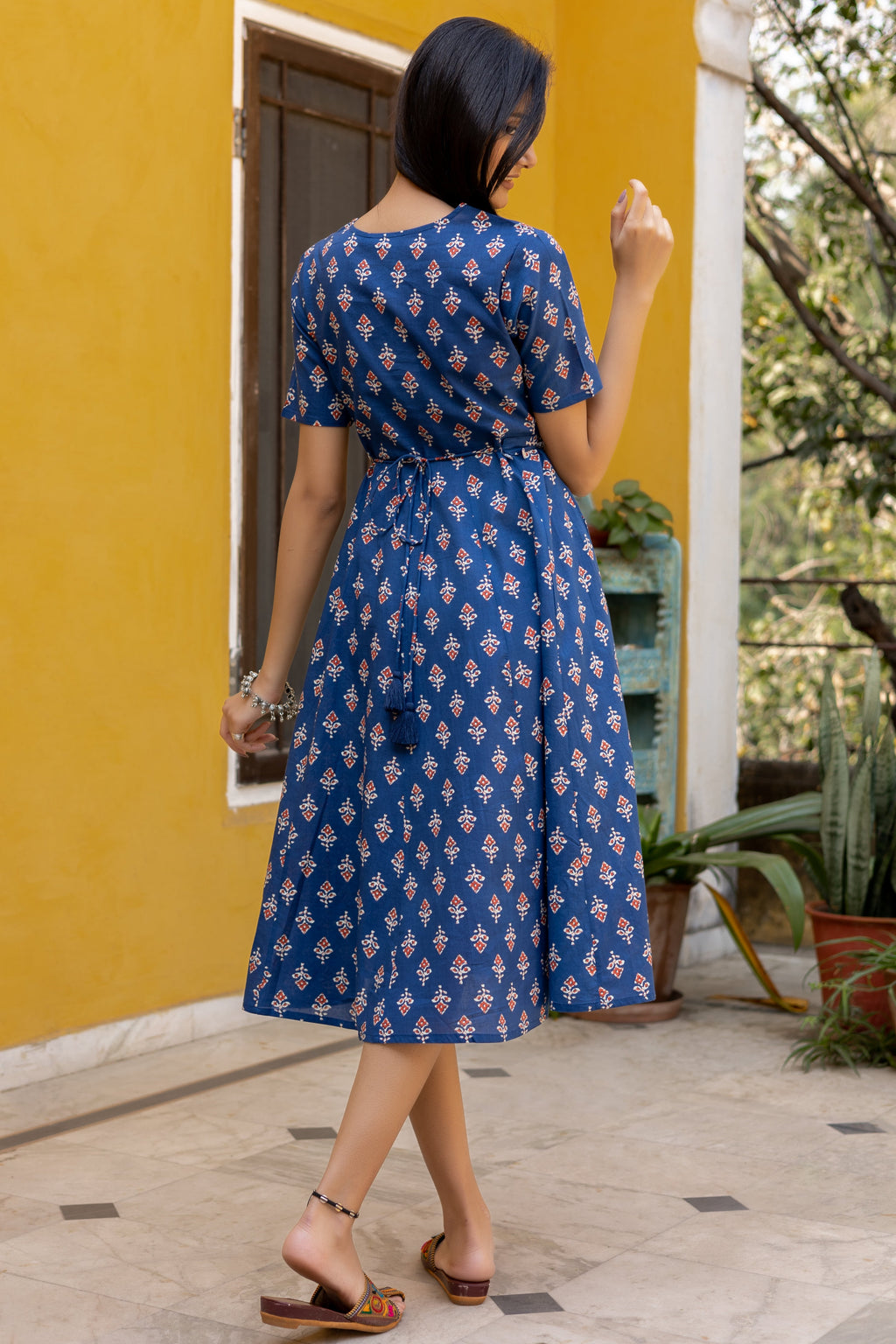 Blue Cotton Floral Printed Flared Dress