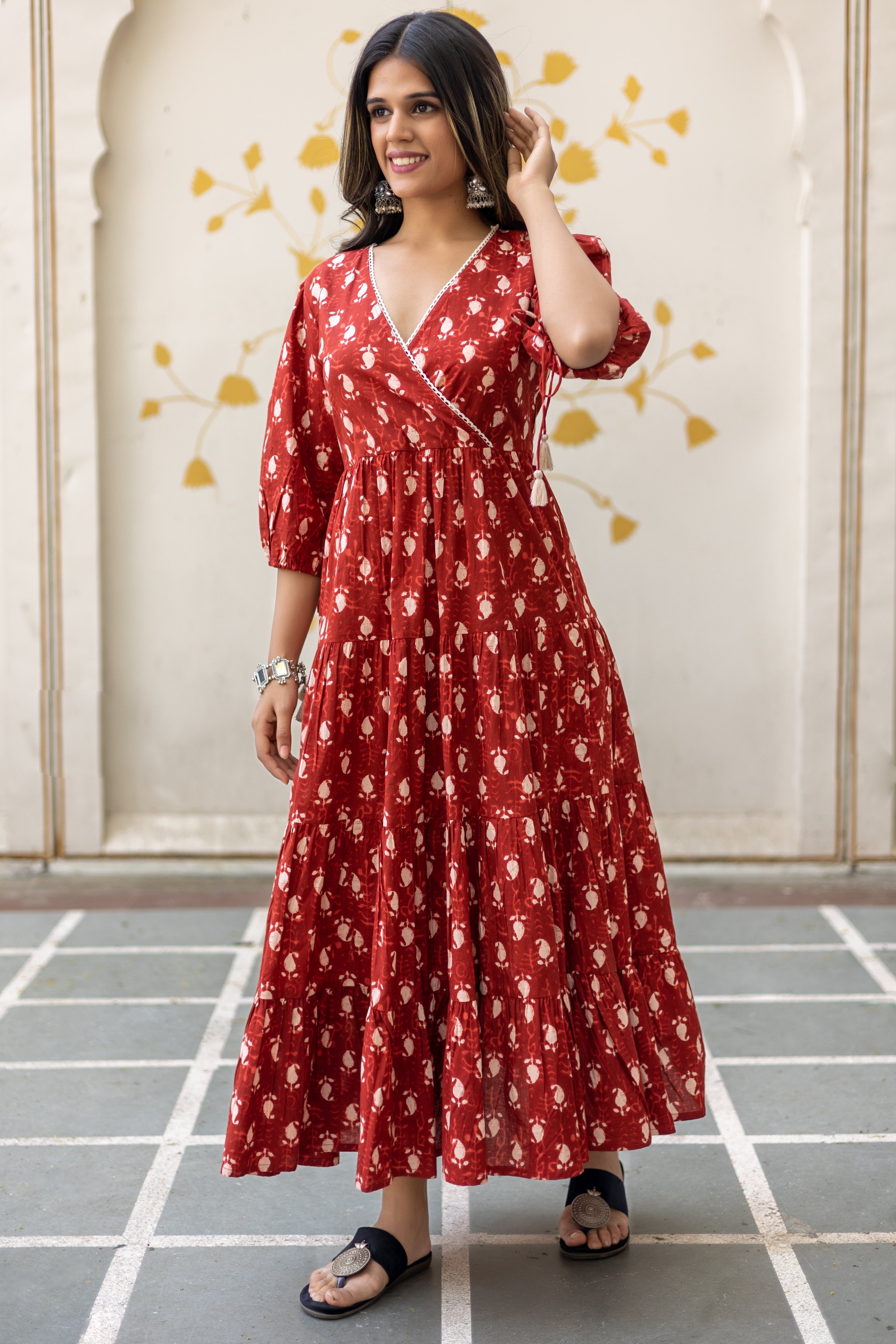 Maroon Cotton Printed Angrakha Dress