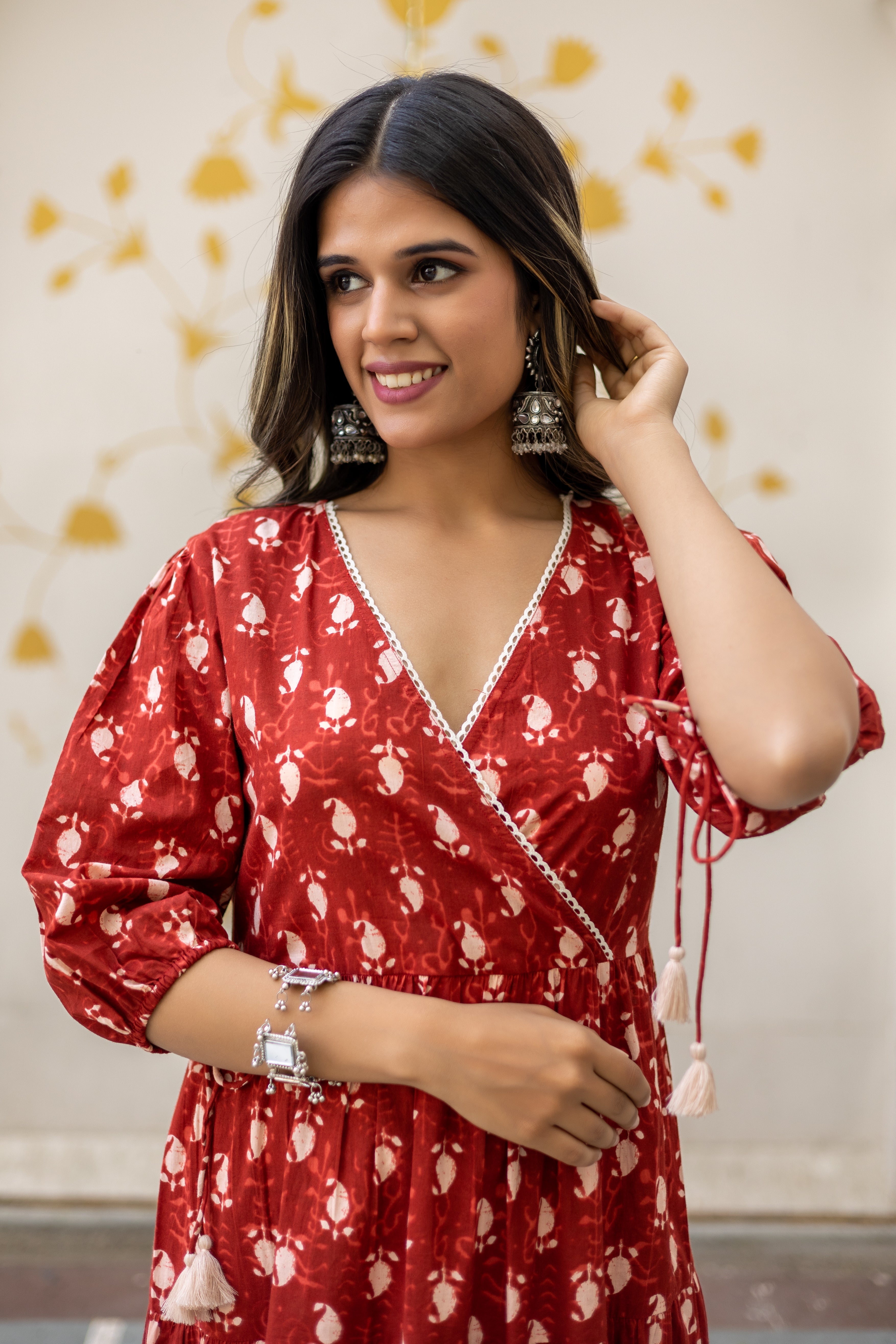 Maroon Cotton Printed Angrakha Dress