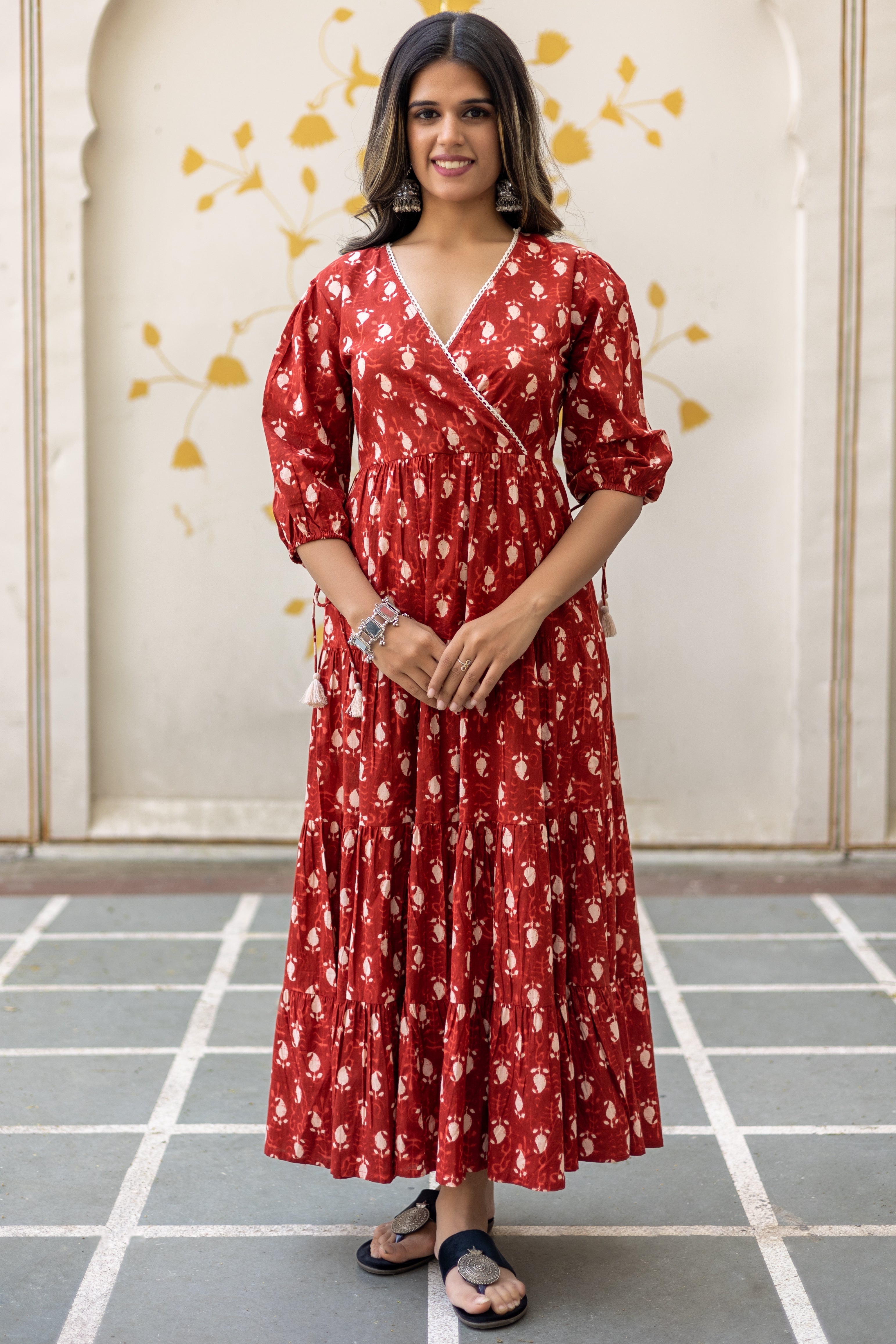 Maroon Cotton Printed Angrakha Dress