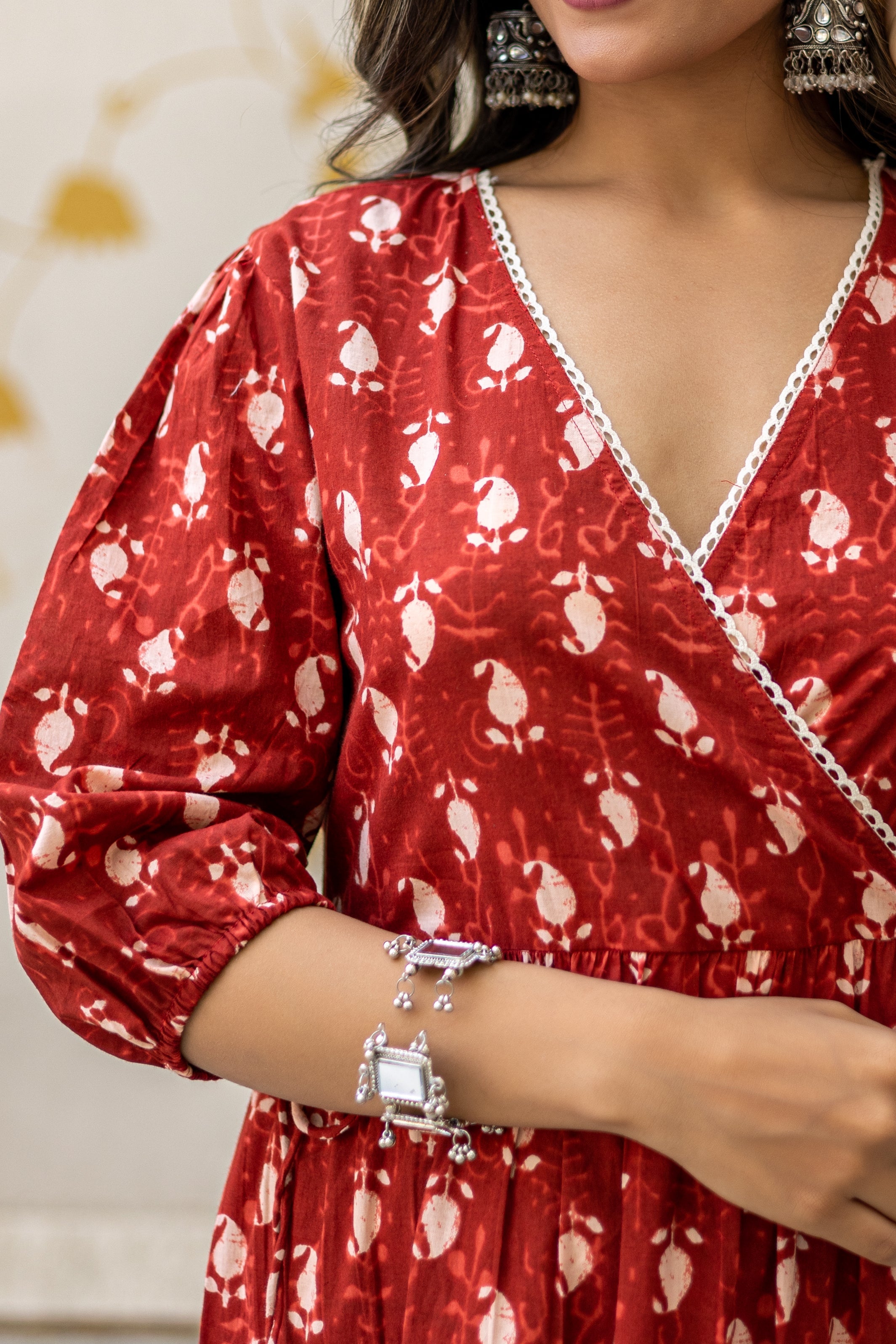 Maroon Cotton Printed Angrakha Dress