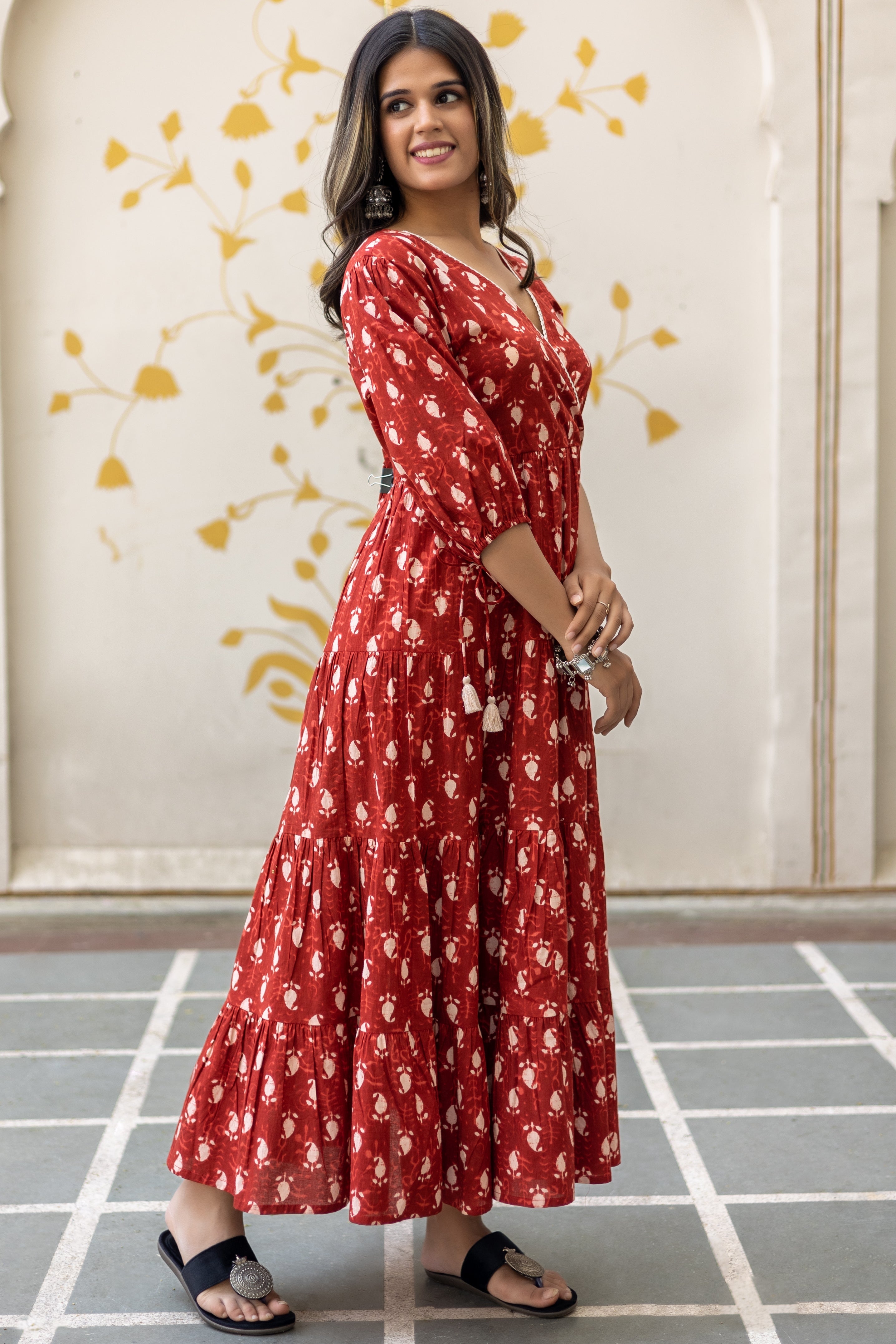 Maroon Cotton Printed Angrakha Dress