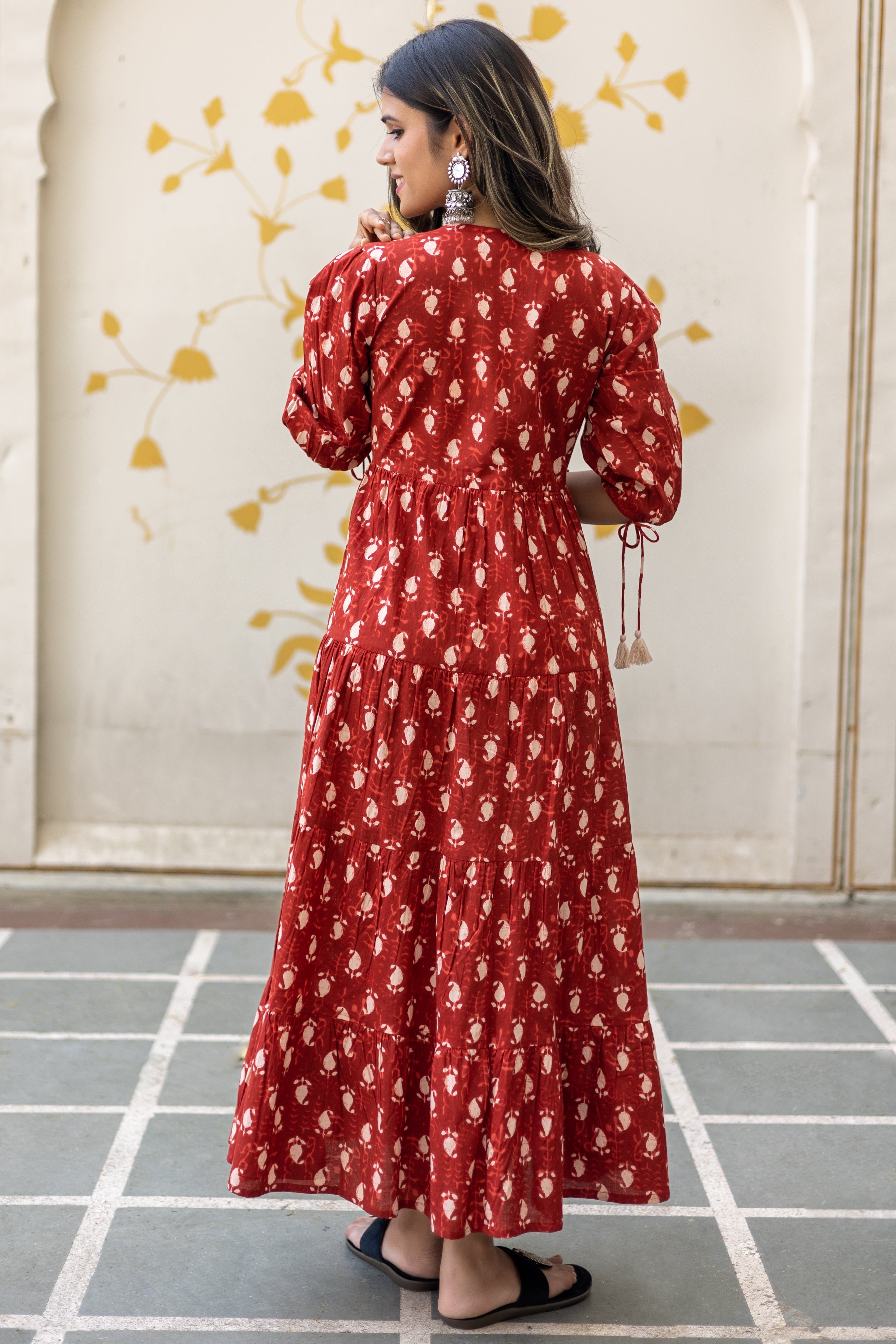 Maroon Cotton Printed Angrakha Dress