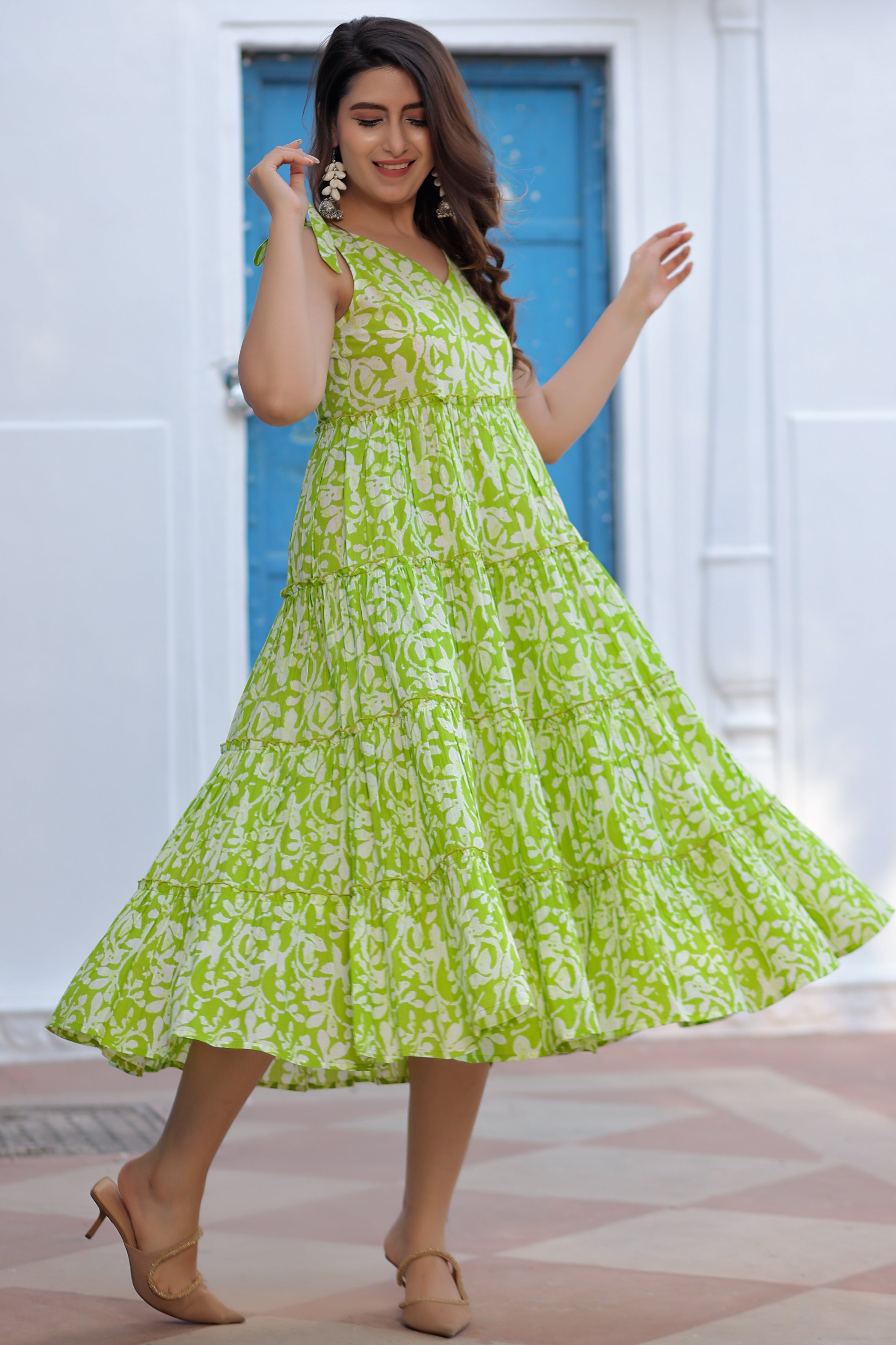 Green Cotton Floral Printed Tiered Dress