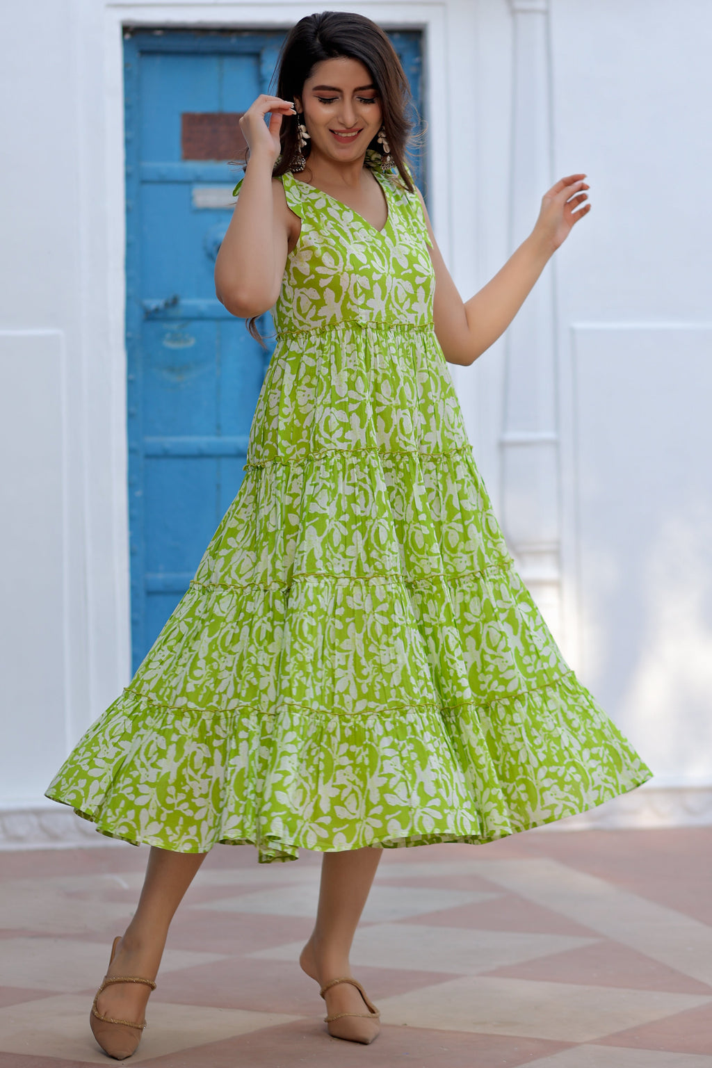 Green Cotton Floral Printed Tiered Dress