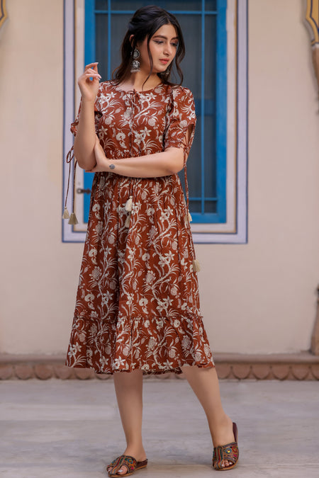 Brown Cotton Floral Printed Flared Dress