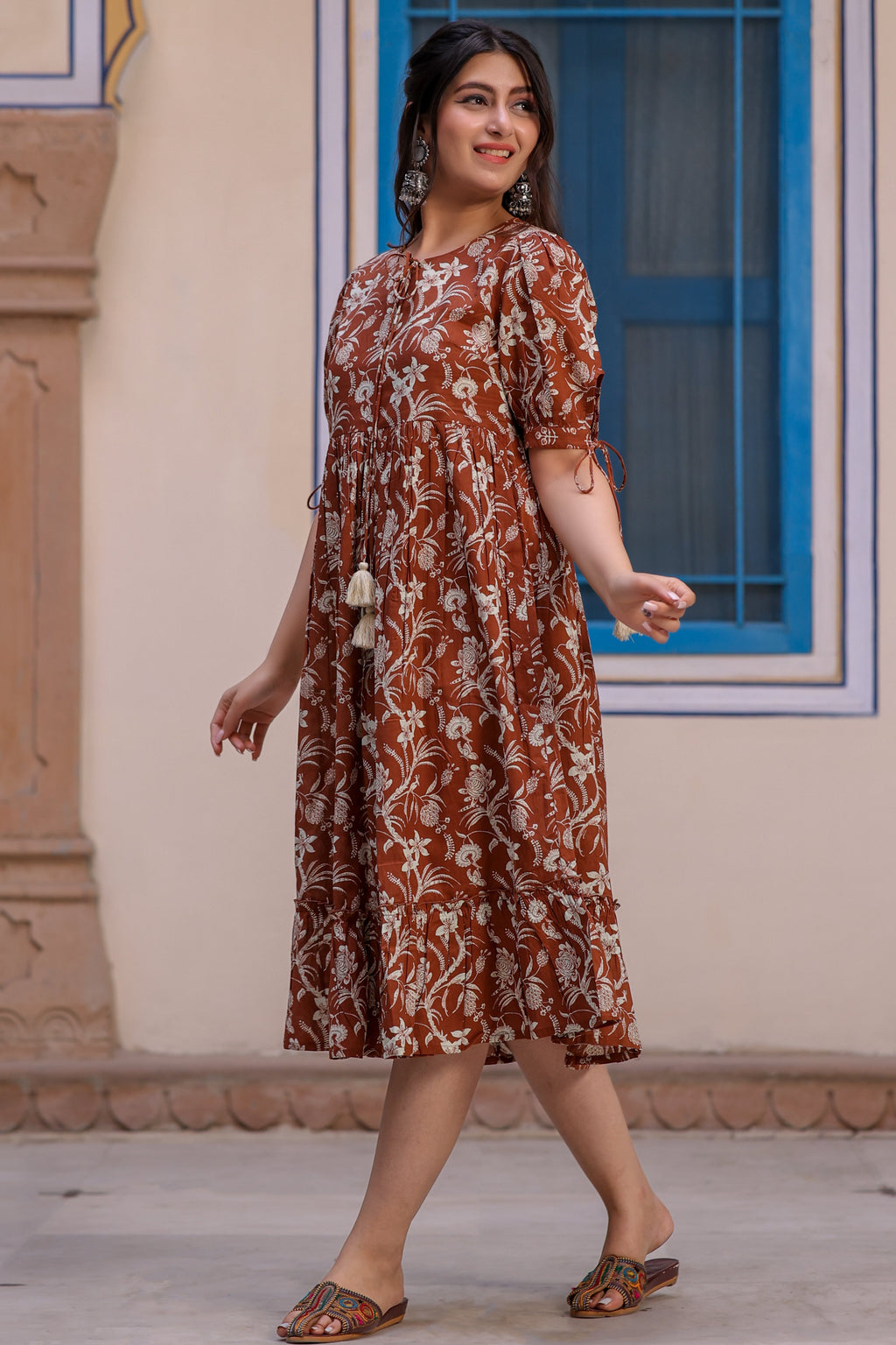 Brown Cotton Floral Printed Flared Dress