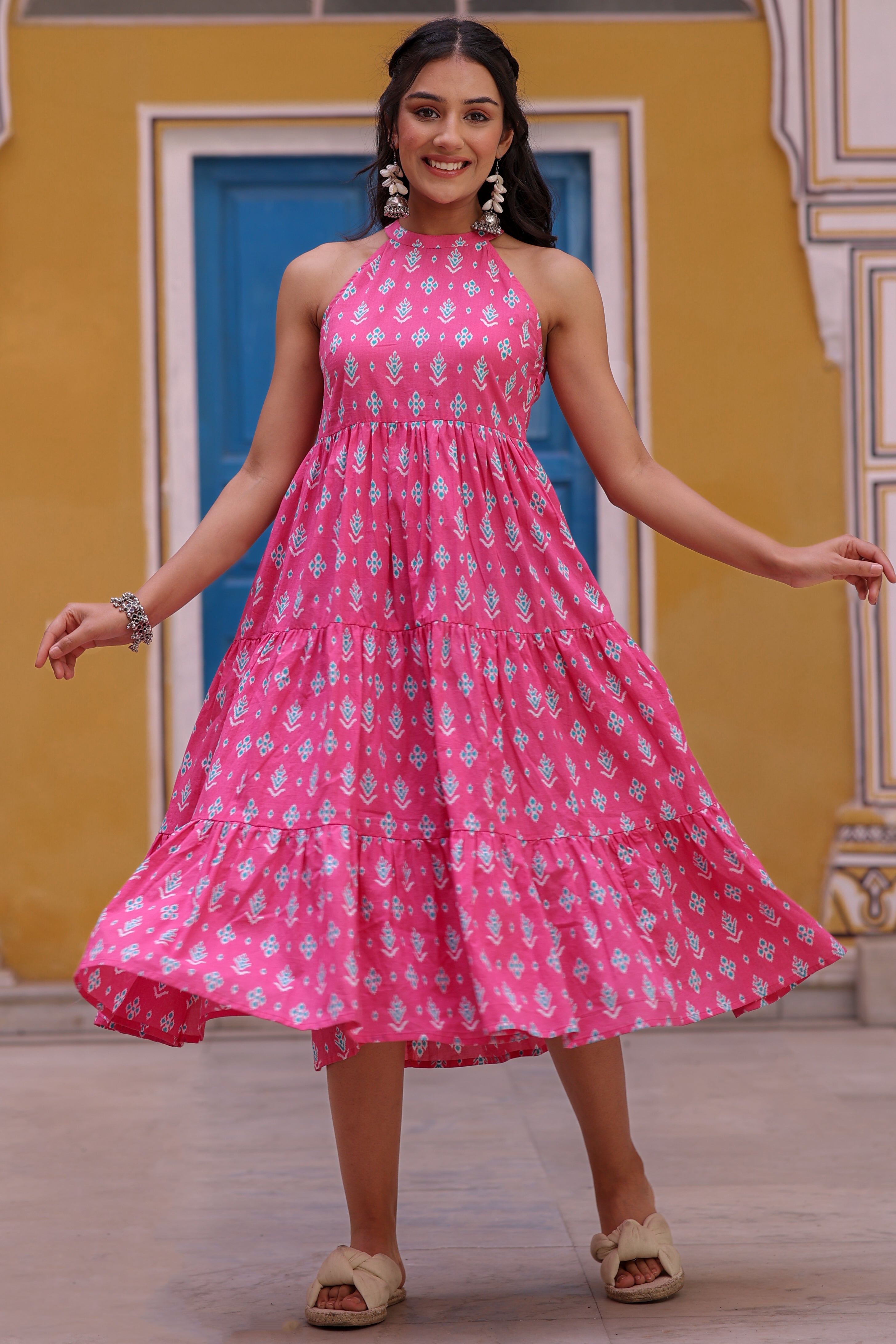 Pink Cotton Floral Printed Tiered Dress