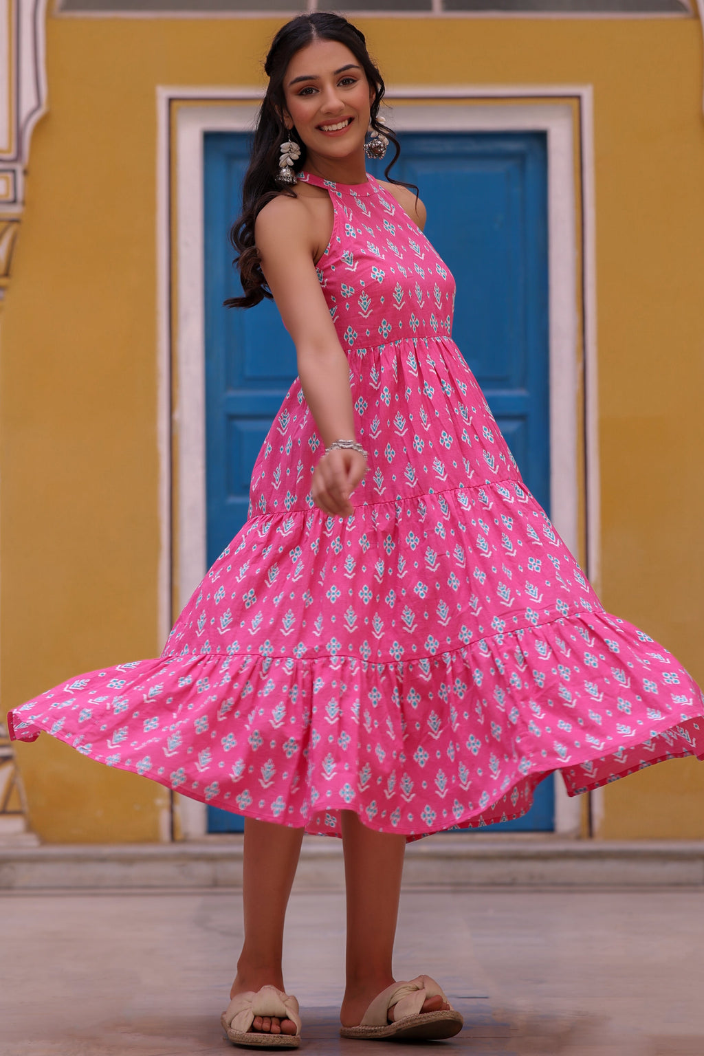 Pink Cotton Floral Printed Tiered Dress