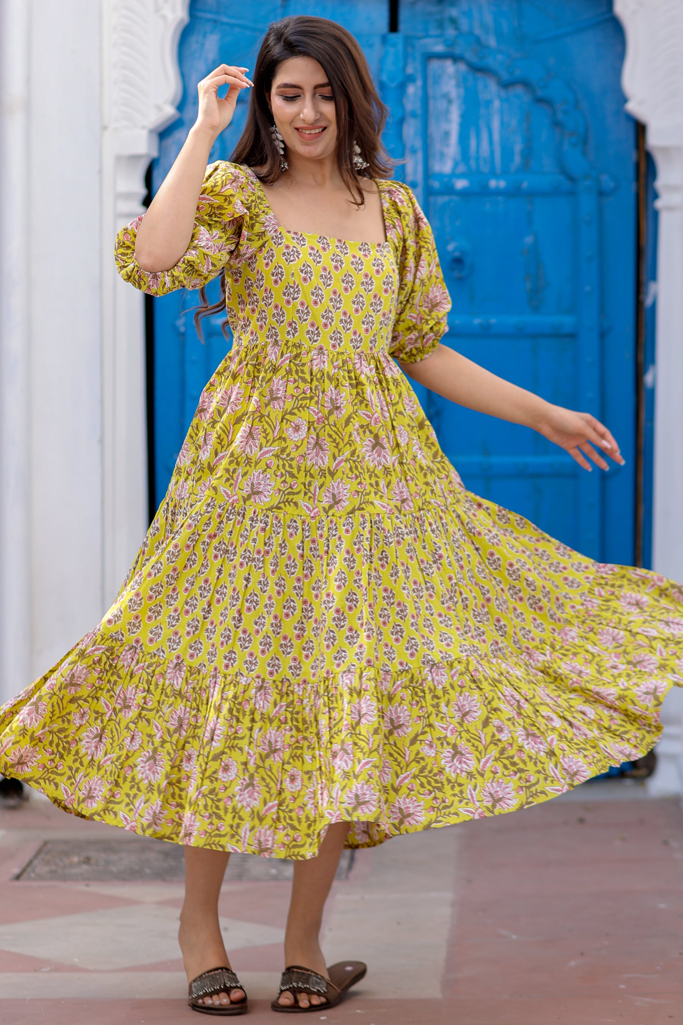 yellow-cotton-printed-tiered-dress