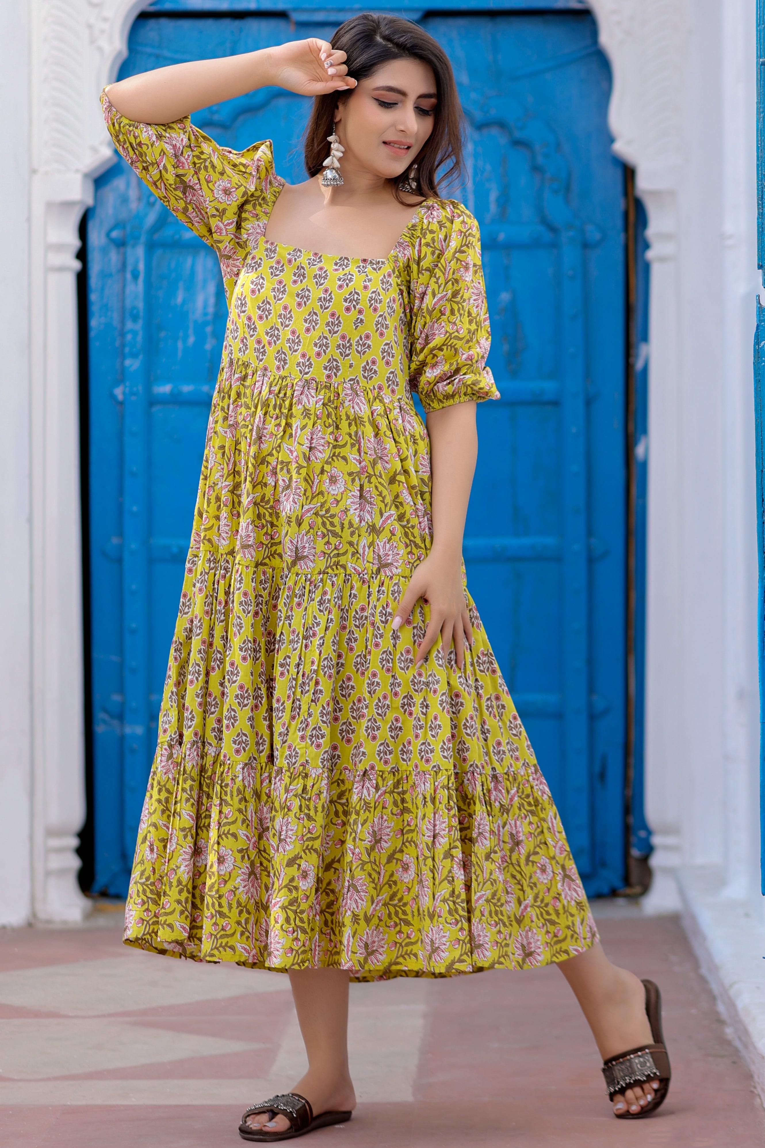 Yellow Cotton Floral Printed Tiered Dress