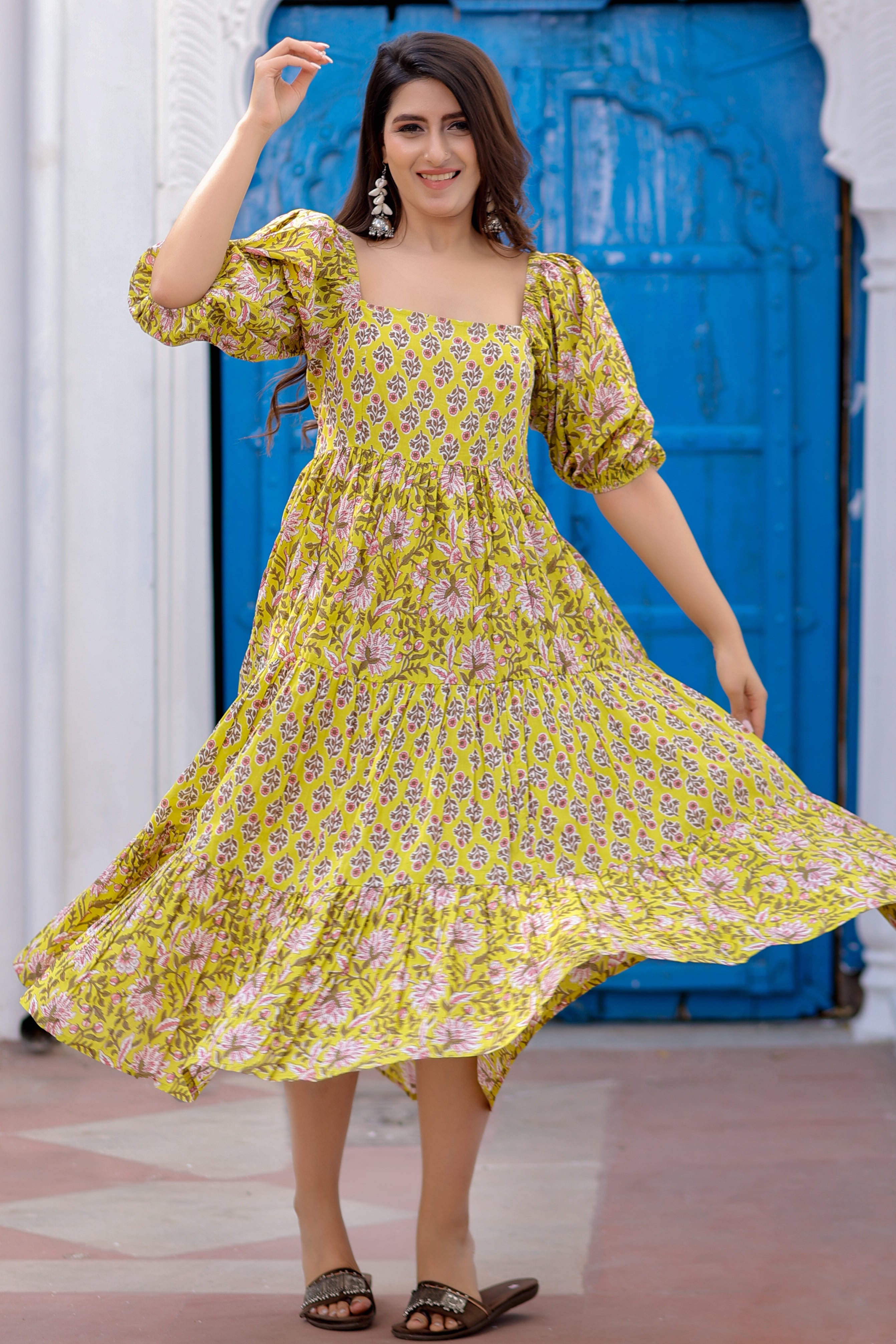 Yellow Cotton Floral Printed Tiered Dress