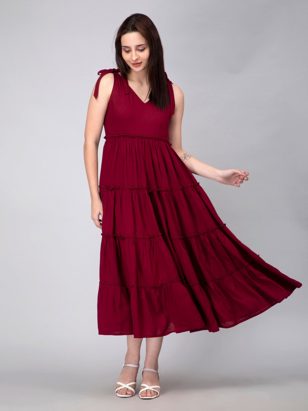 Maroon Viscose Solid Tiered Dress