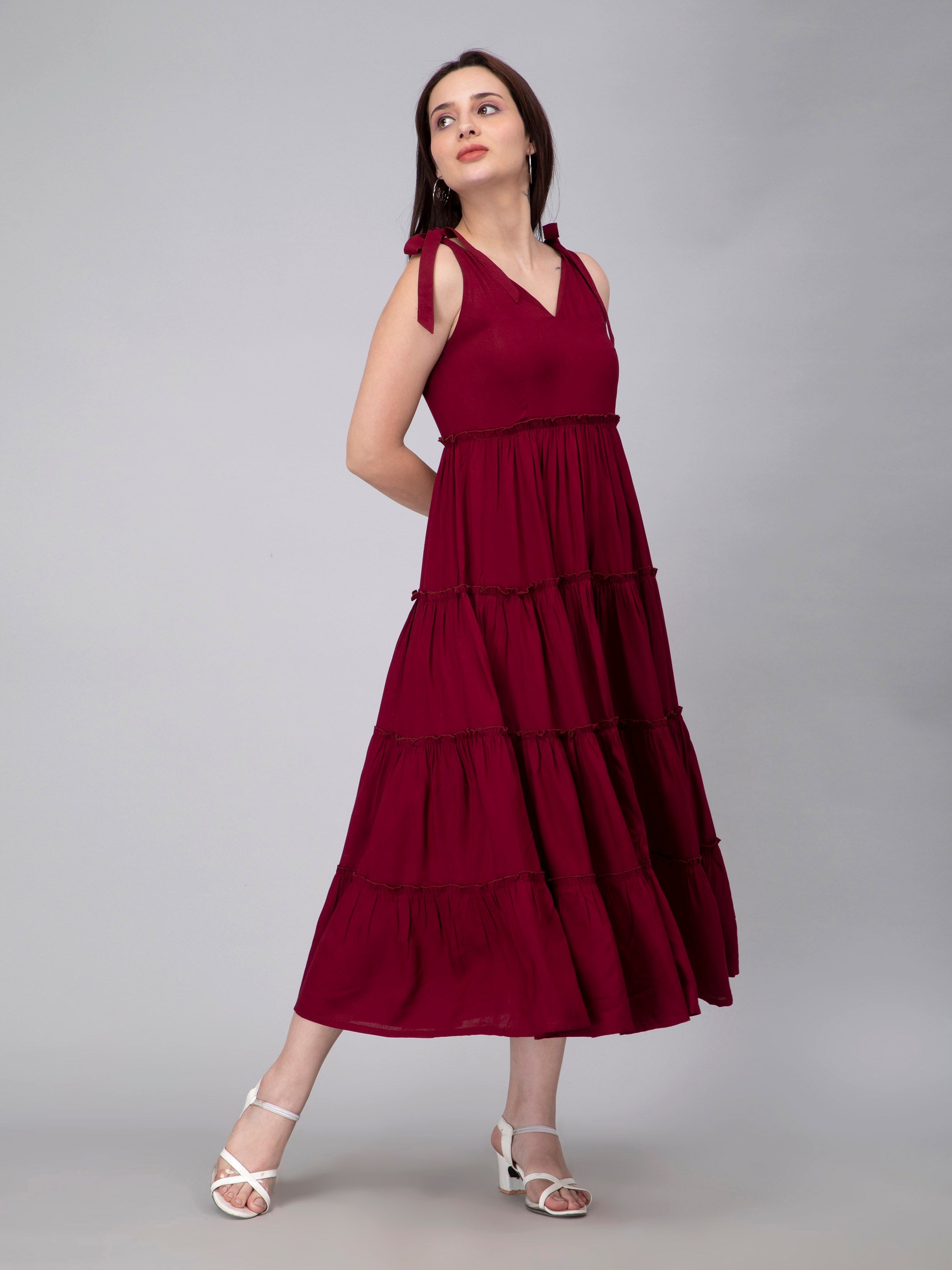 Maroon Viscose Solid Tiered Dress