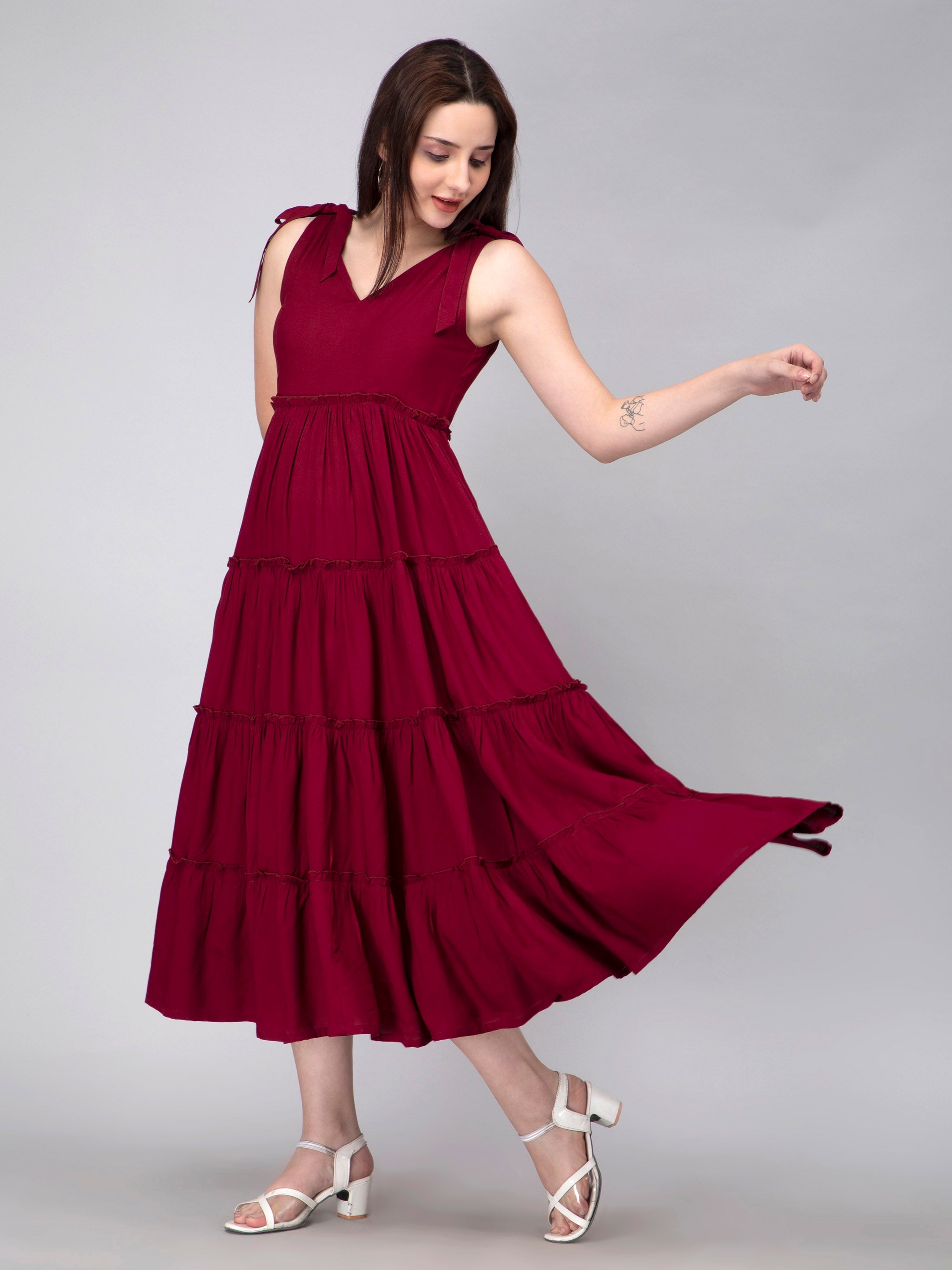 Maroon Viscose Solid Tiered Dress