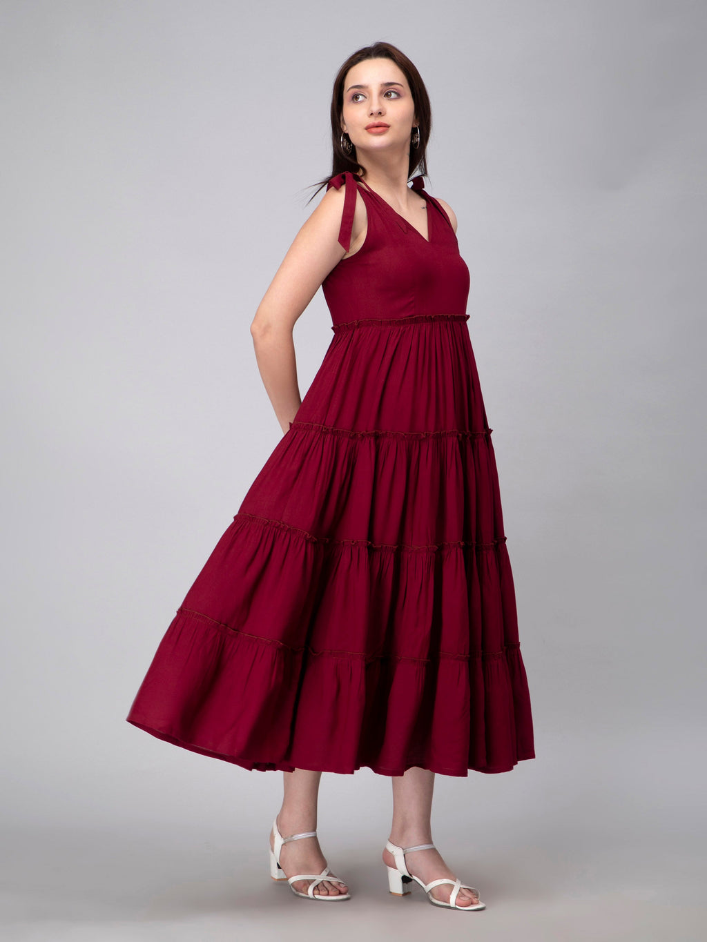 Maroon Viscose Solid Tiered Dress