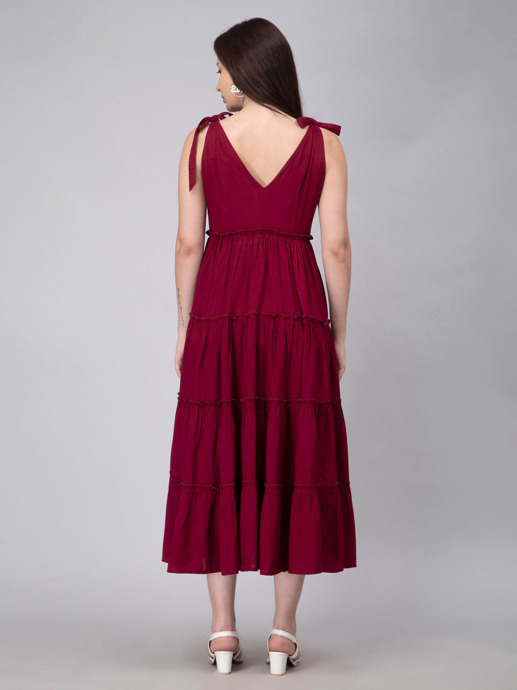 Maroon Viscose Solid Tiered Dress