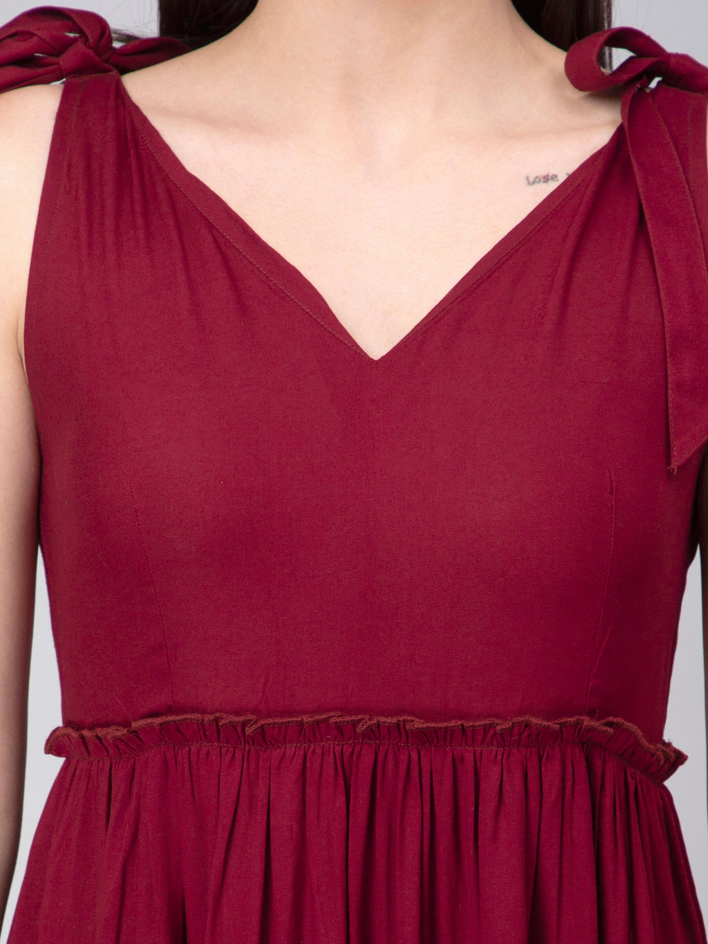 Maroon Viscose Solid Tiered Dress