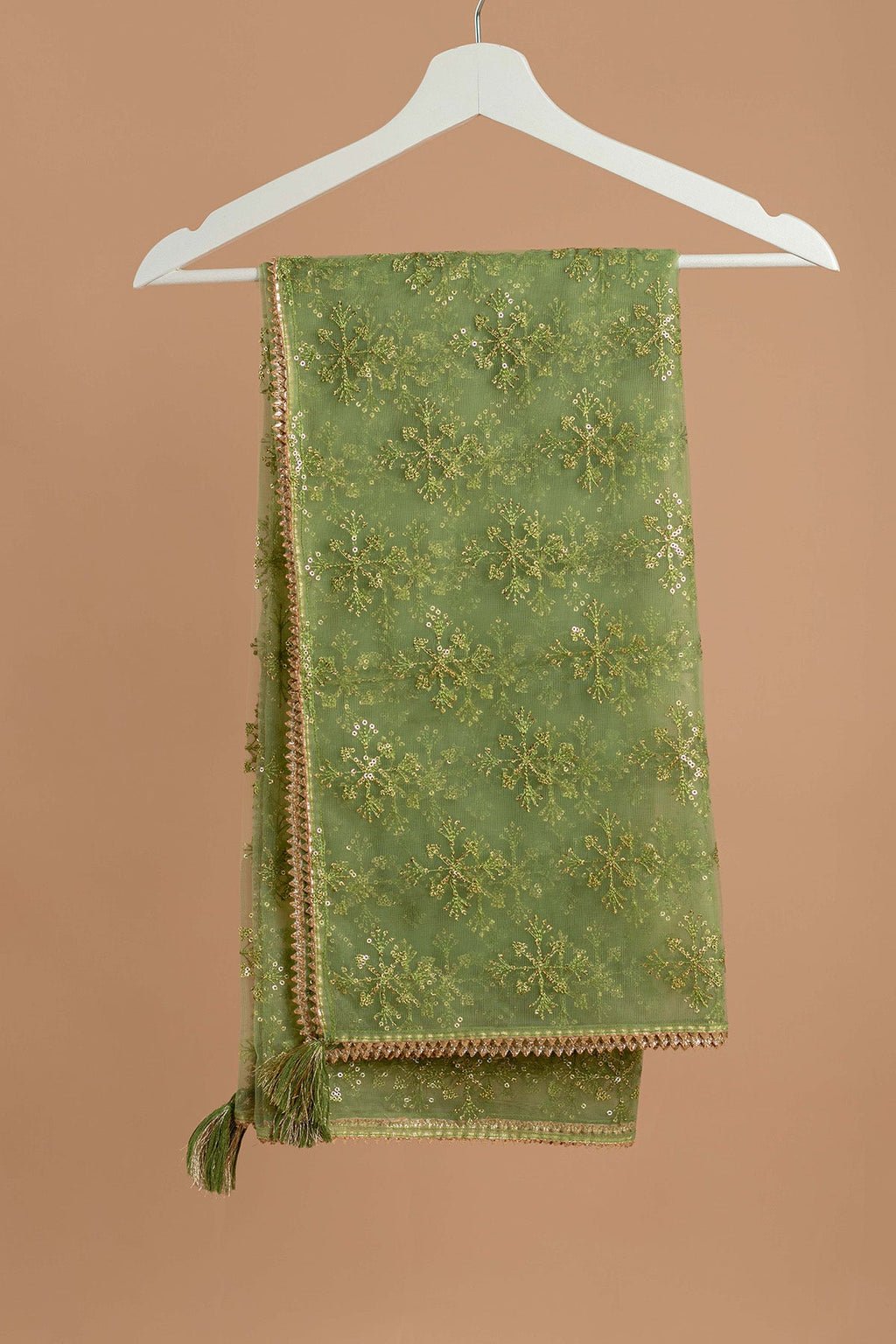 Green Ethnic Motifs Embroidered Gotta Patti Dupatta