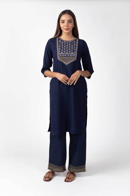 Navy Embroidered Yoke Kurta