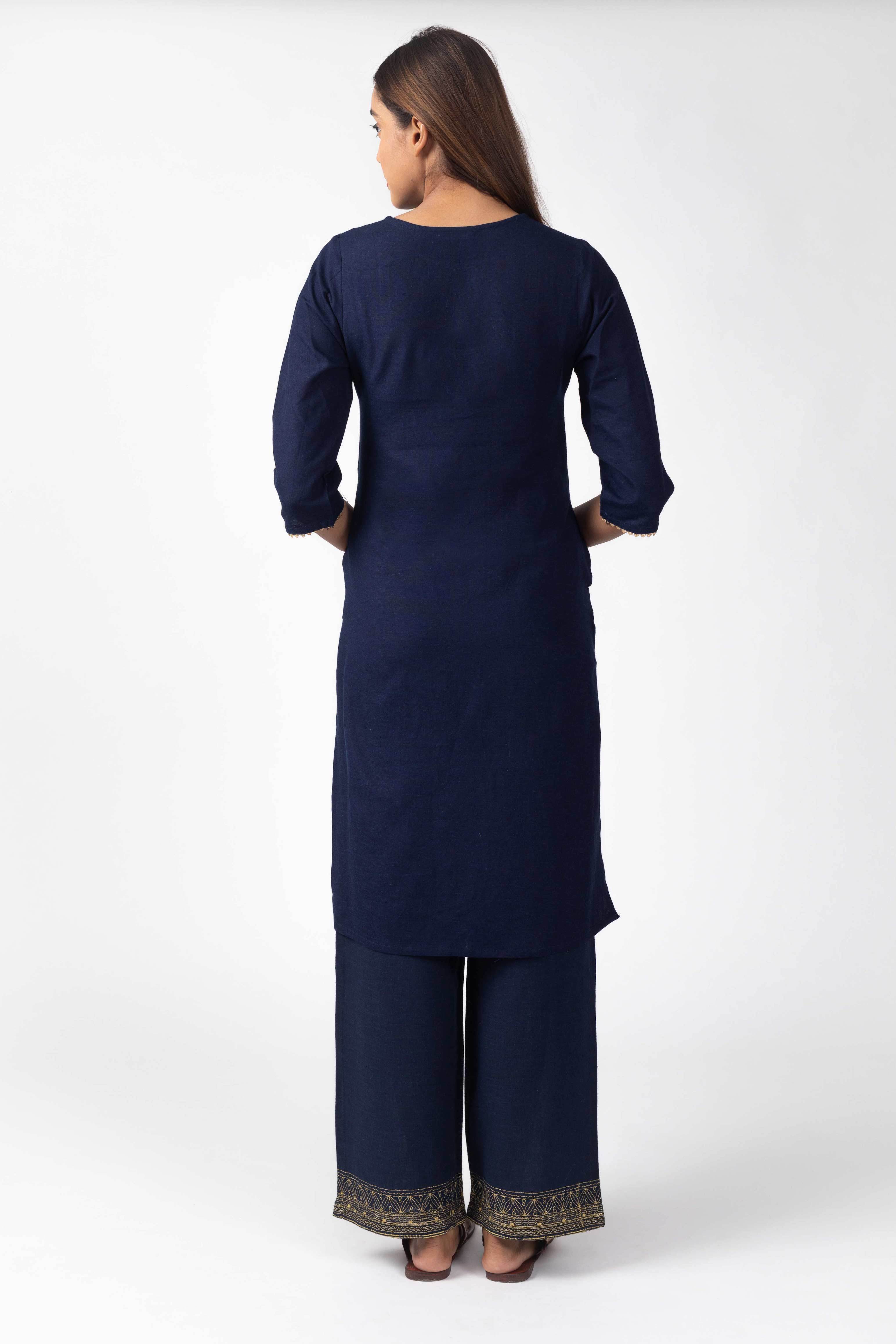 Navy Embroidered Yoke Kurta