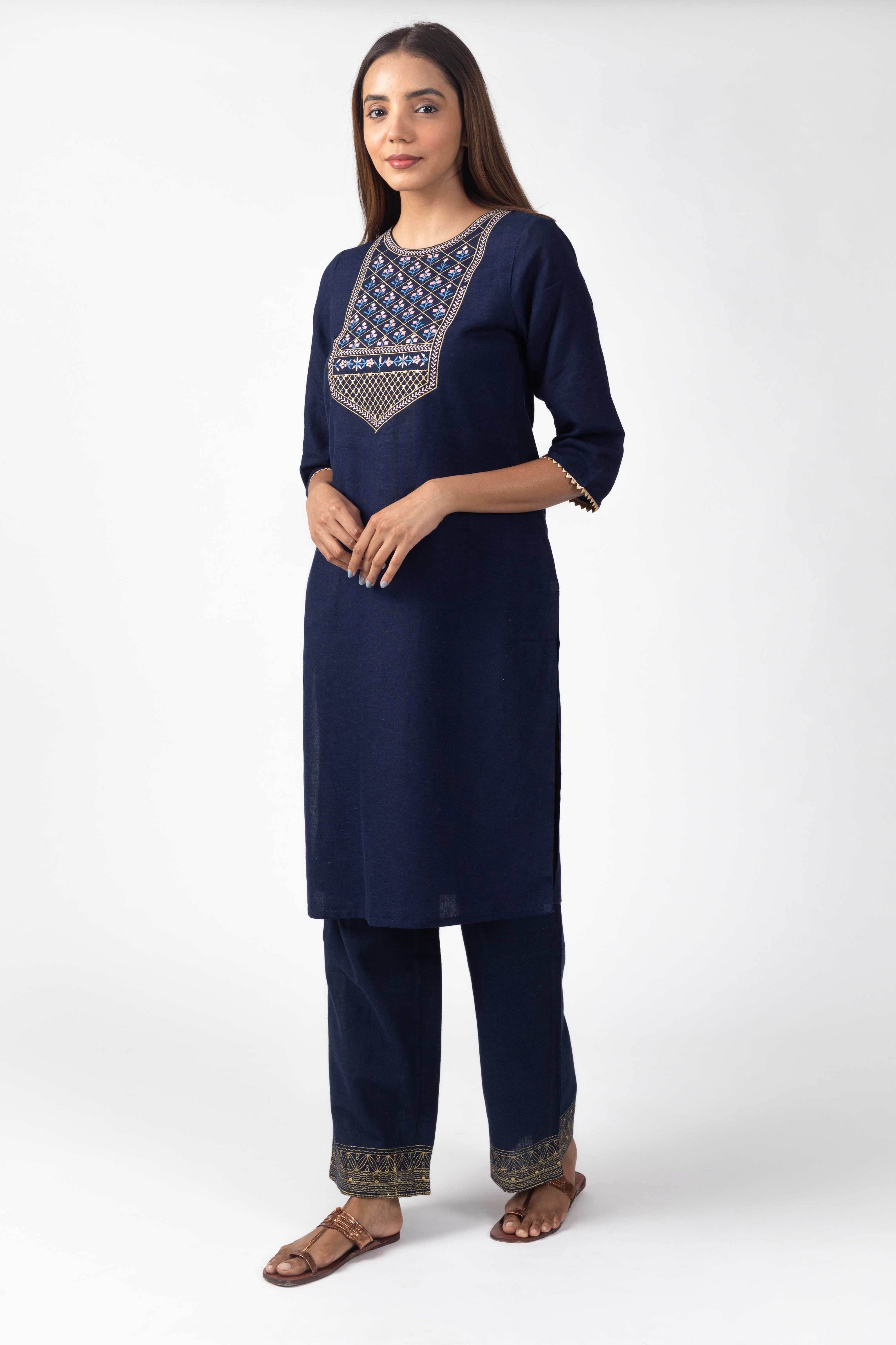 Navy Embroidered Yoke Kurta