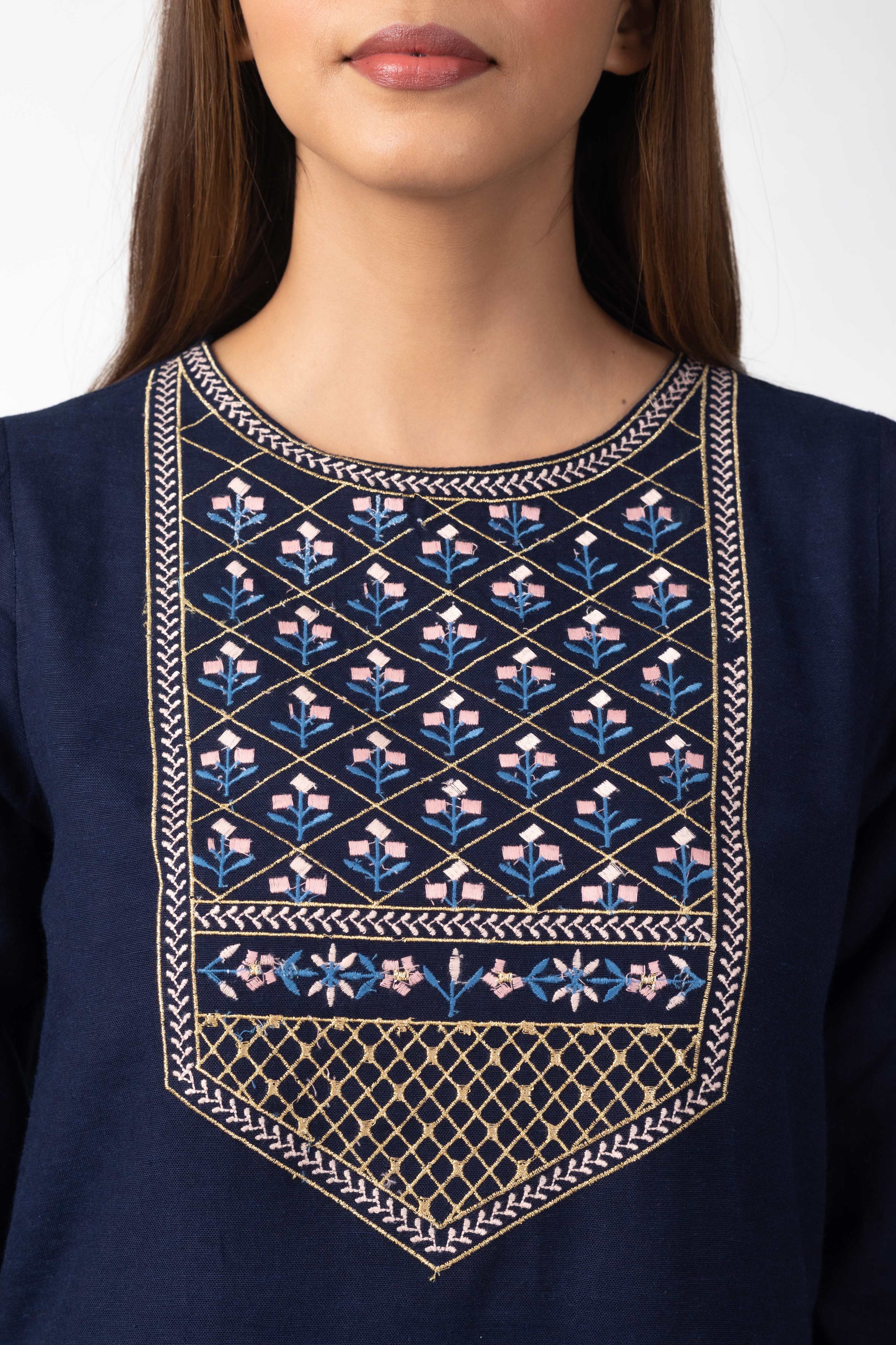 Navy Embroidered Yoke Kurta