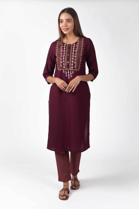 Solid Kurti with Embroidered Yoke