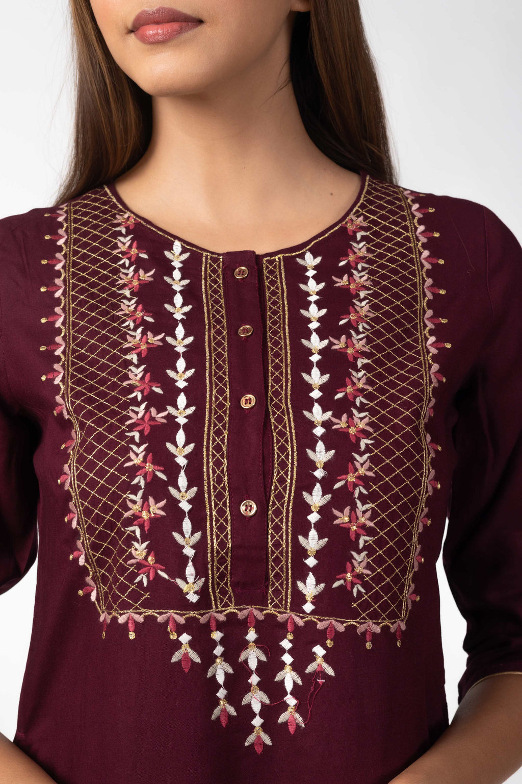 Solid Kurti with Embroidered Yoke