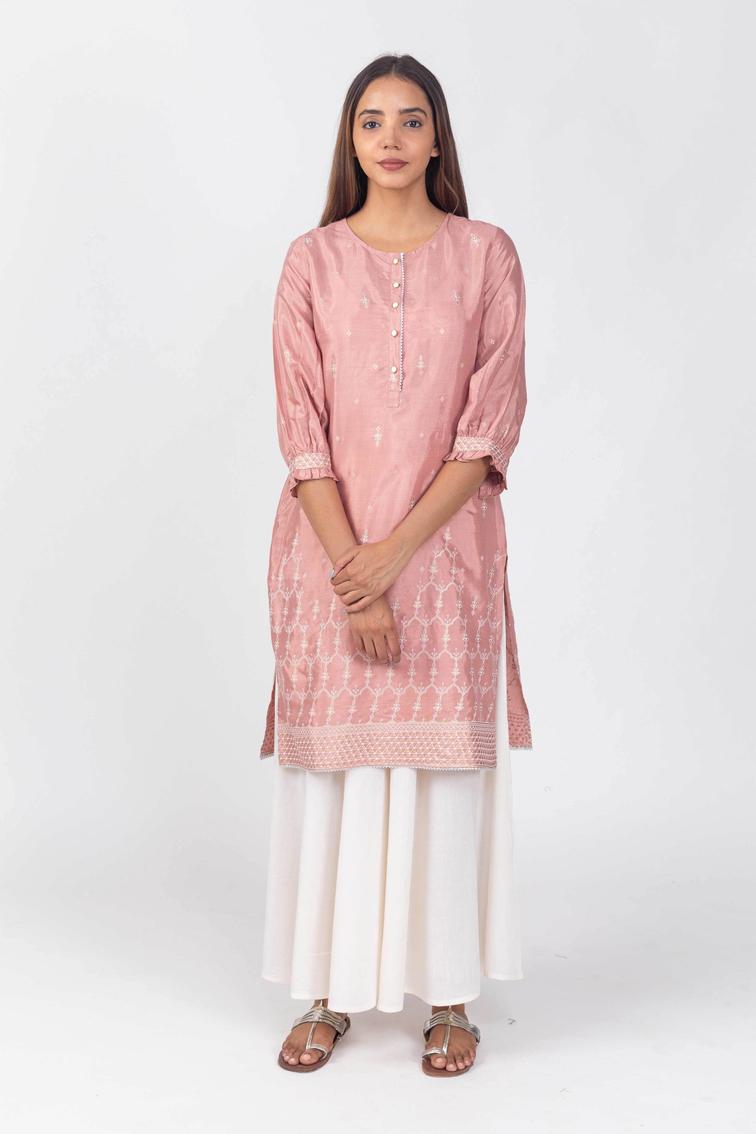 Peach Shantun Kurta with Gold Print