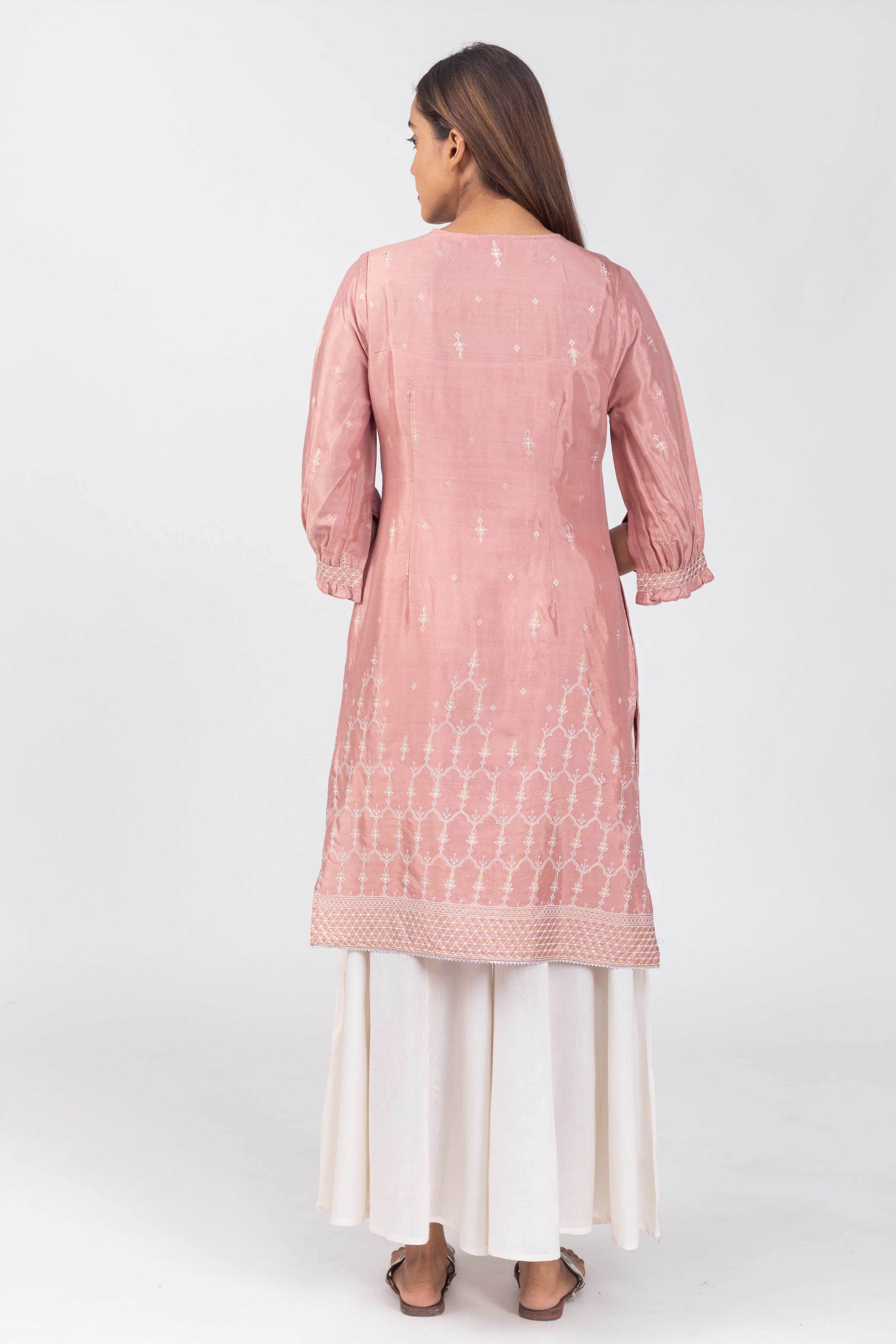 Peach Shantun Kurta with Gold Print