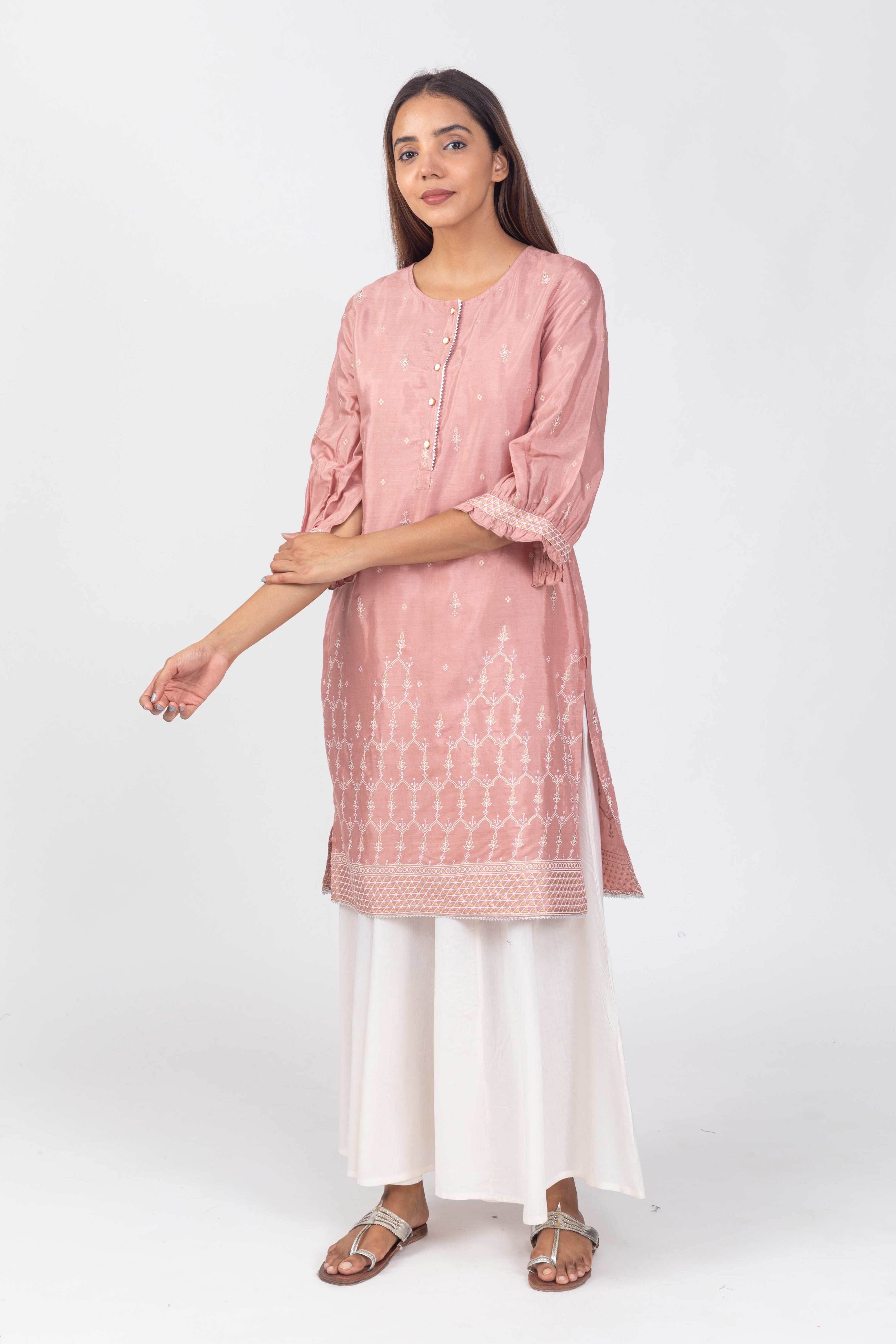 Peach Shantun Kurta with Gold Print