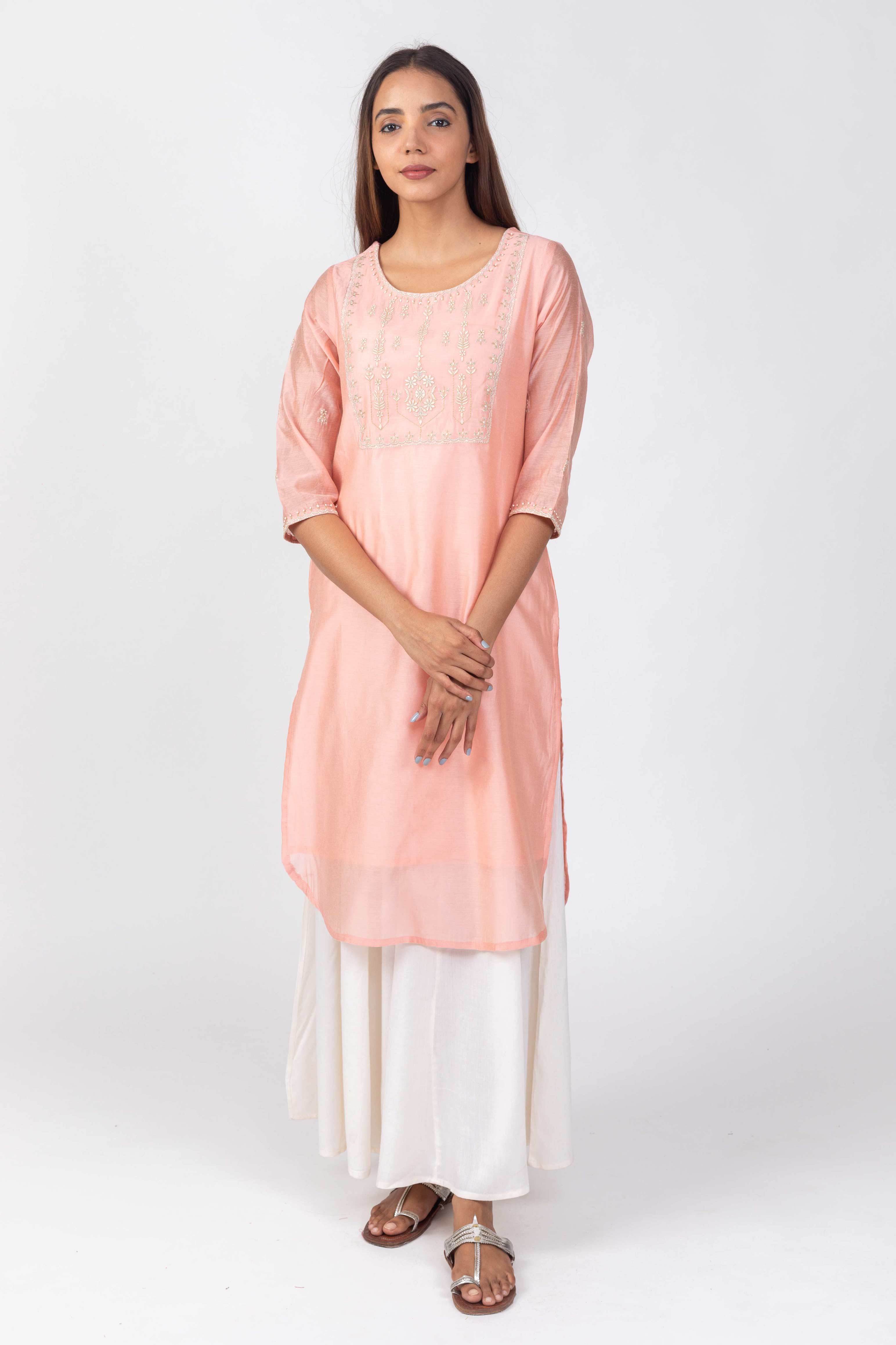 Peach Shentun  Kurta with Embroidered Yoke