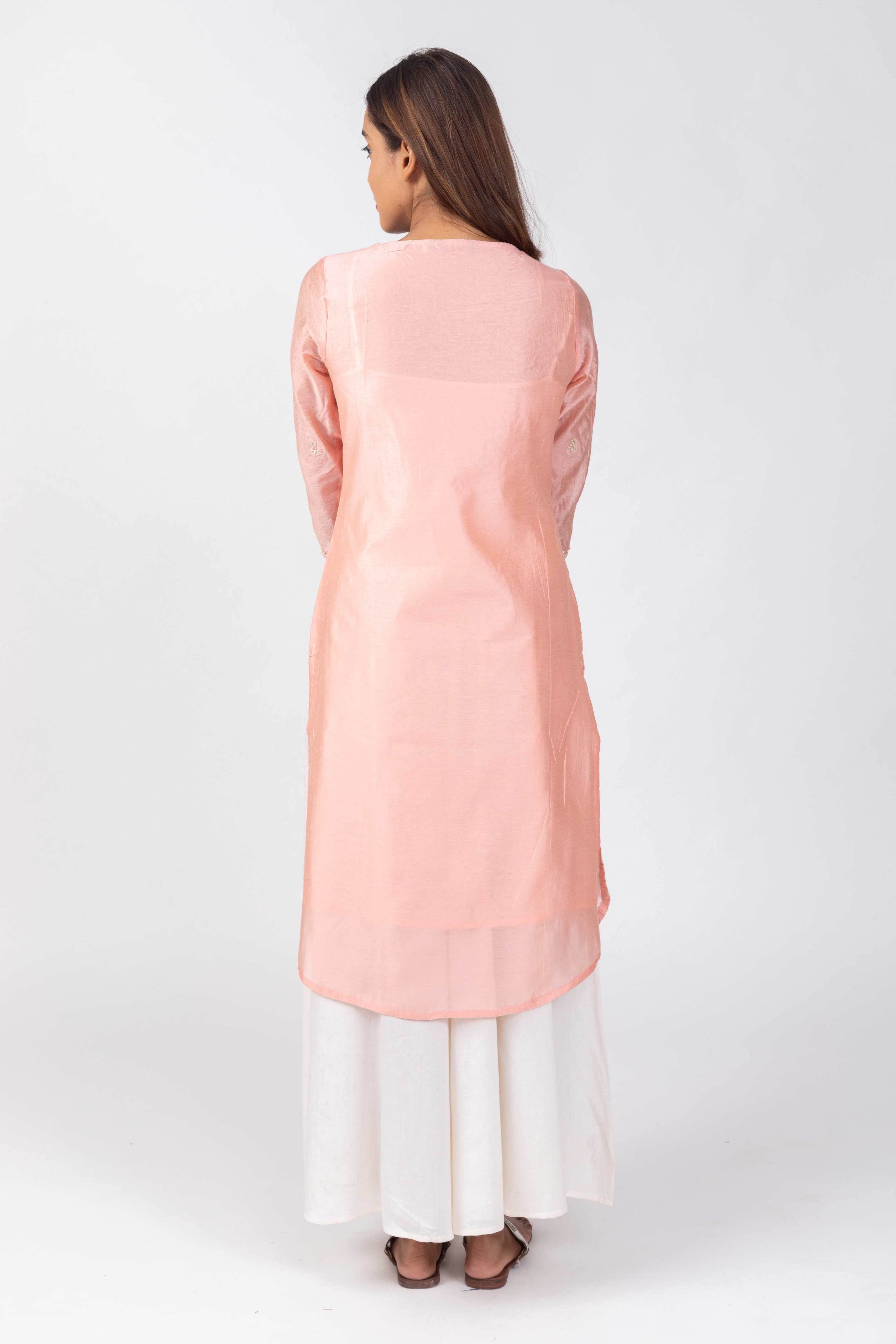 Peach Shentun  Kurta with Embroidered Yoke