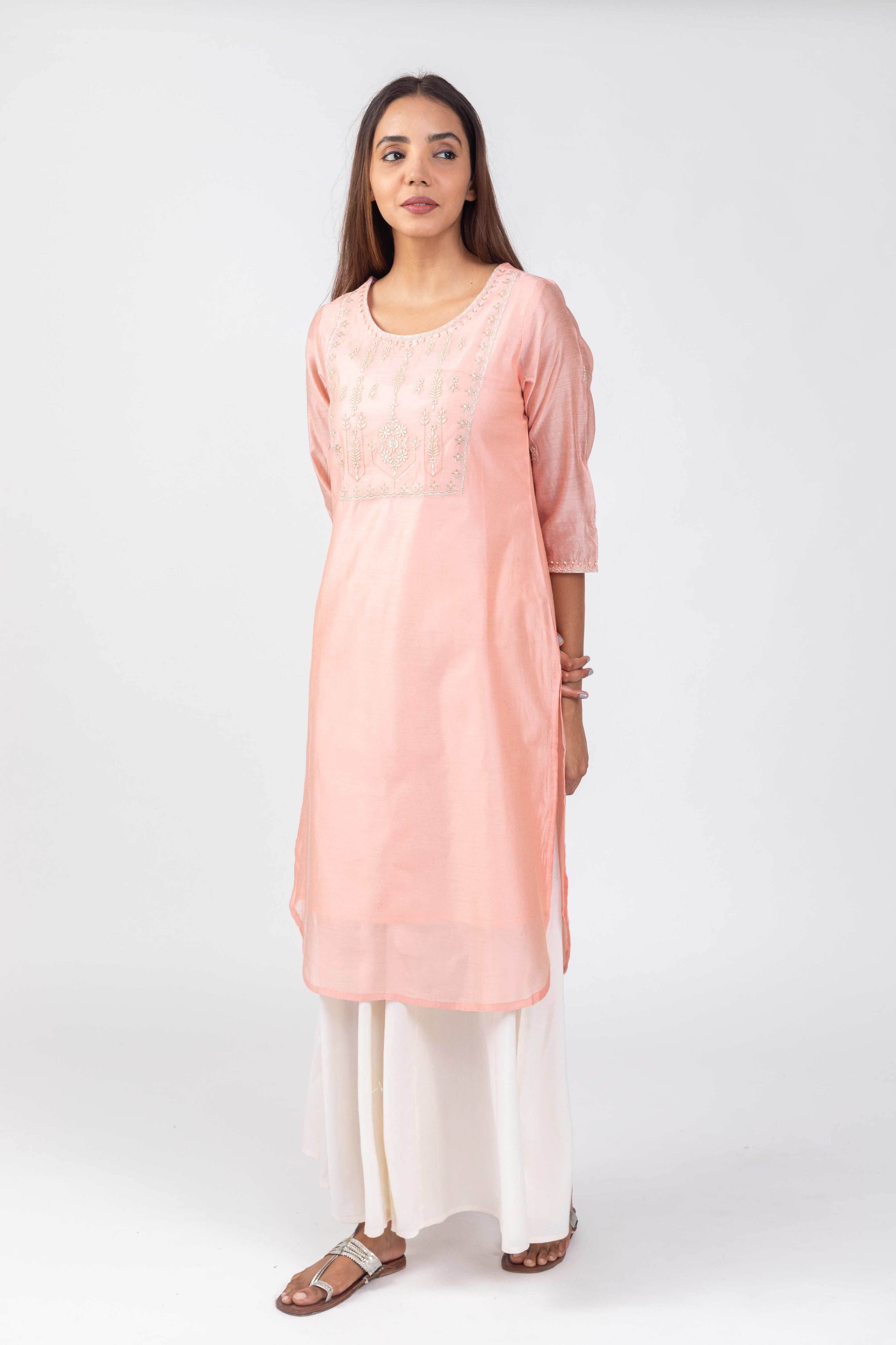 Peach Shentun  Kurta with Embroidered Yoke