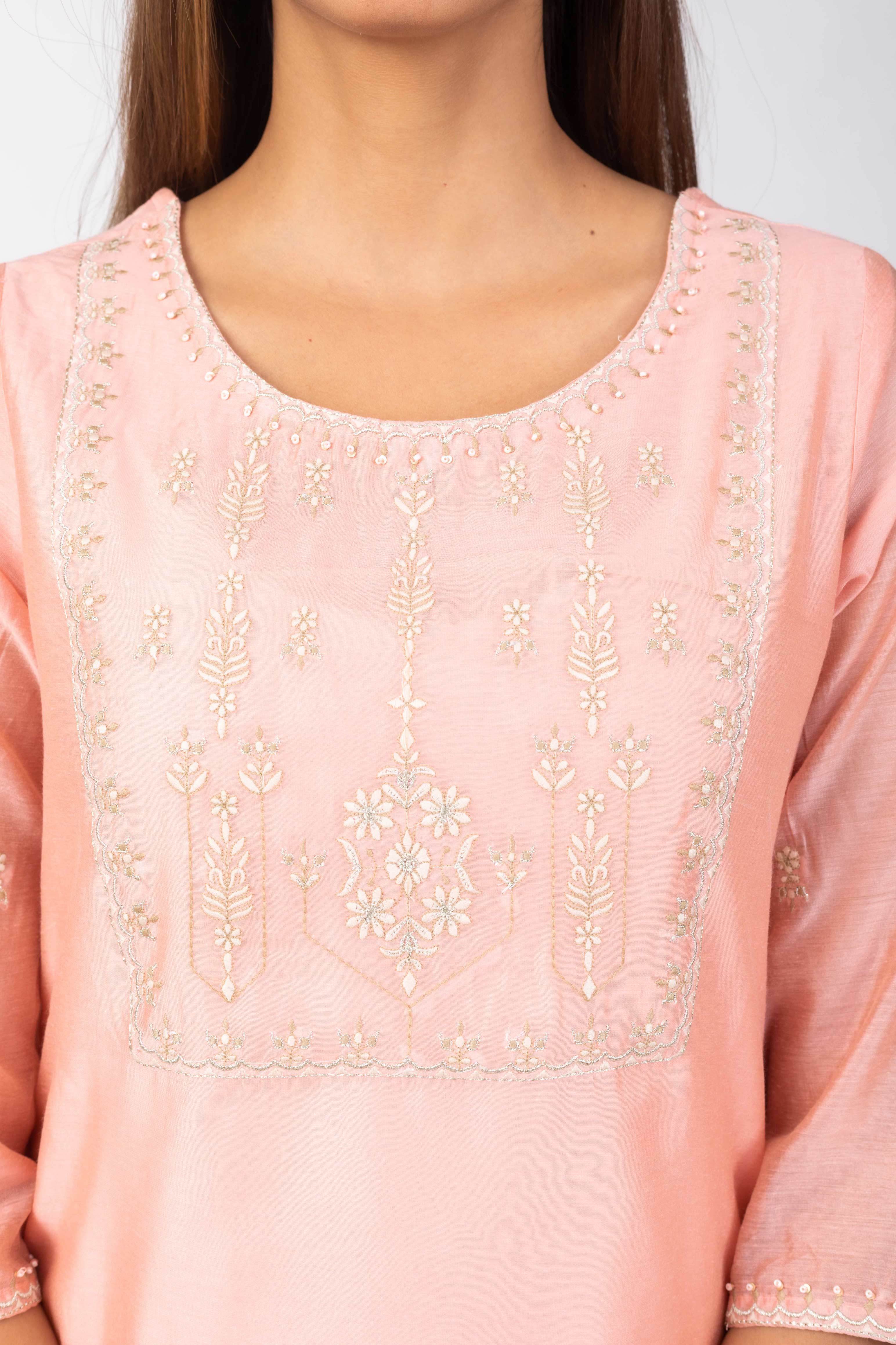 Peach Shentun  Kurta with Embroidered Yoke