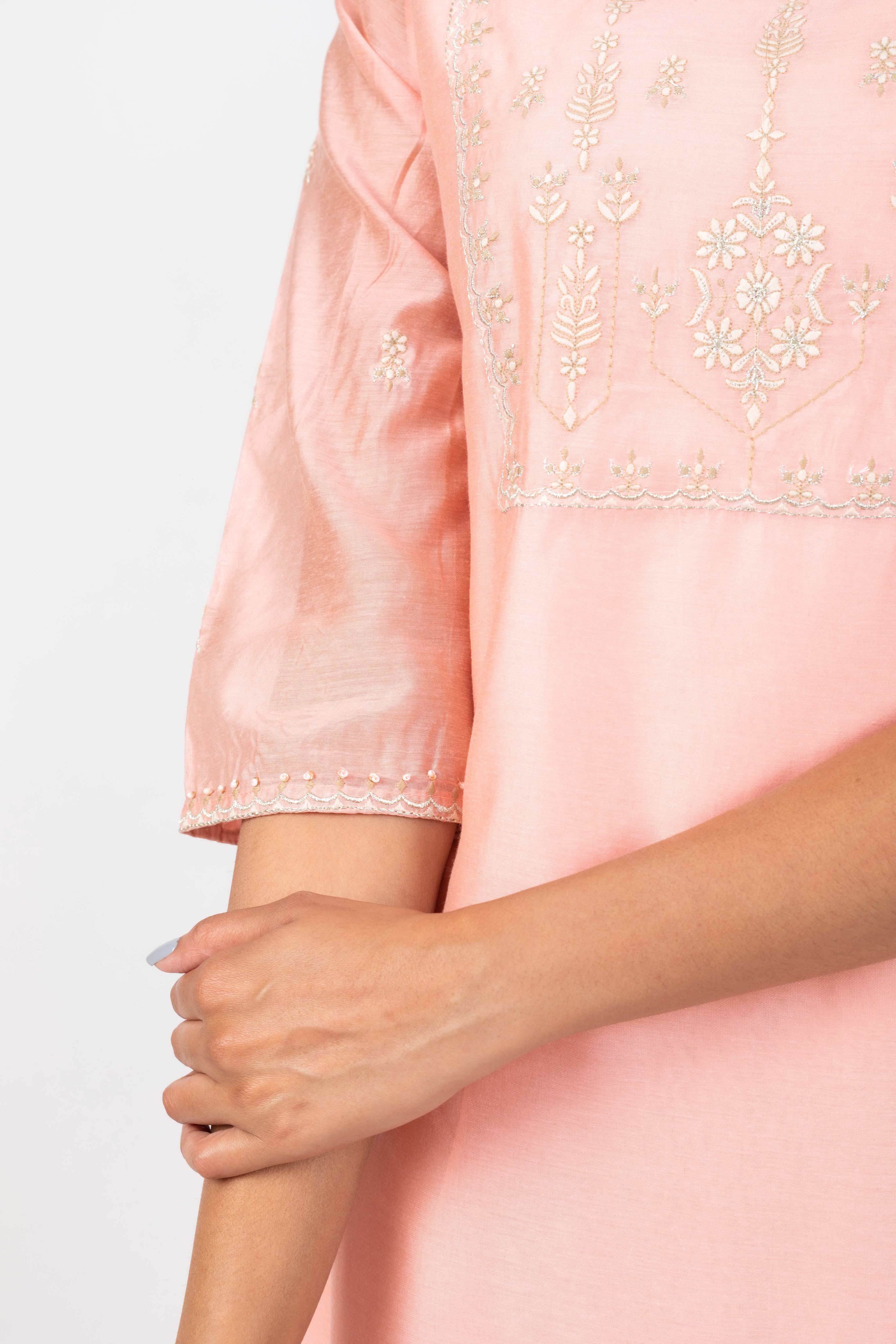 Peach Shentun  Kurta with Embroidered Yoke
