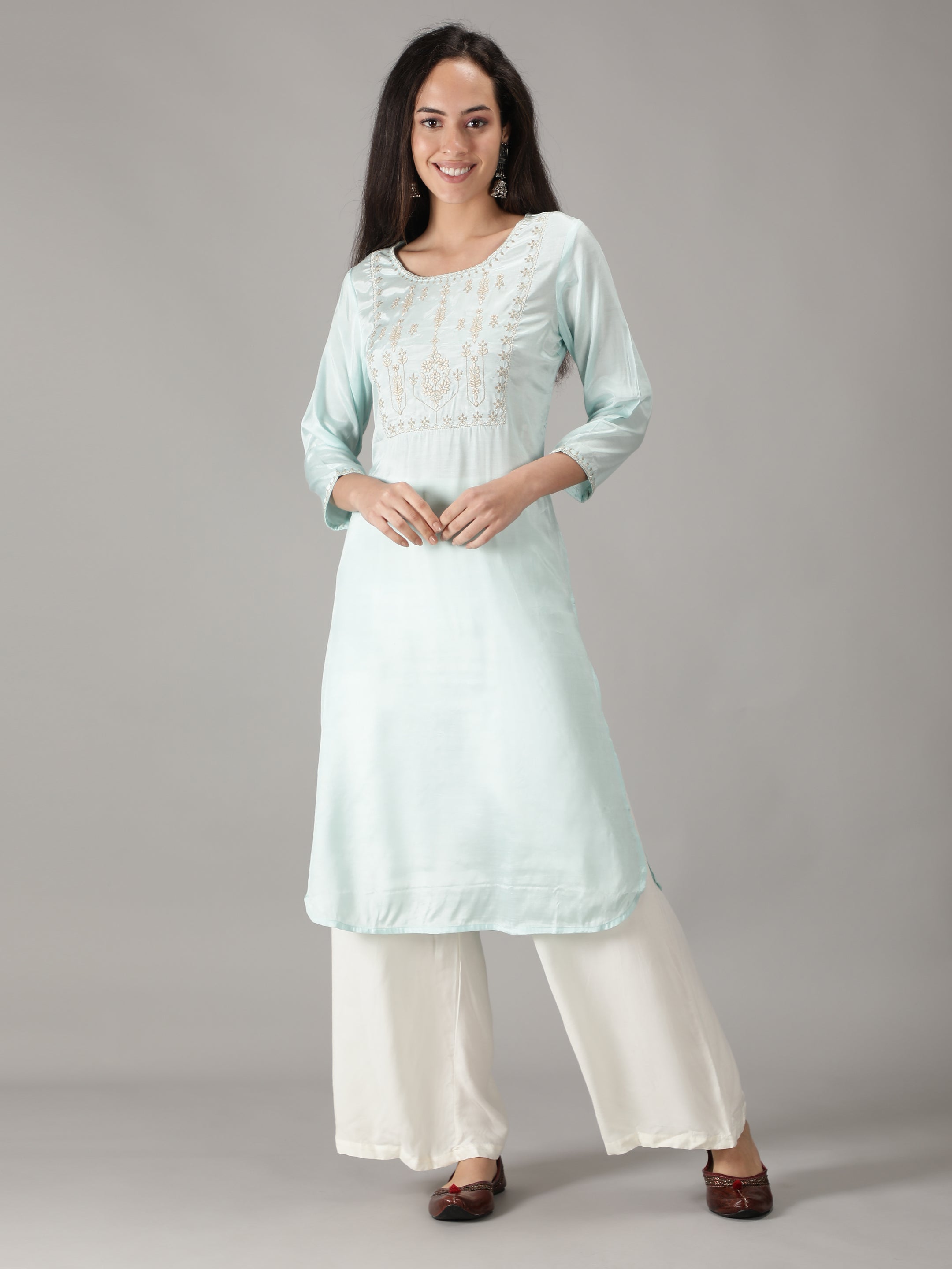 Blue Solid Kurta with Embroidered Yoke