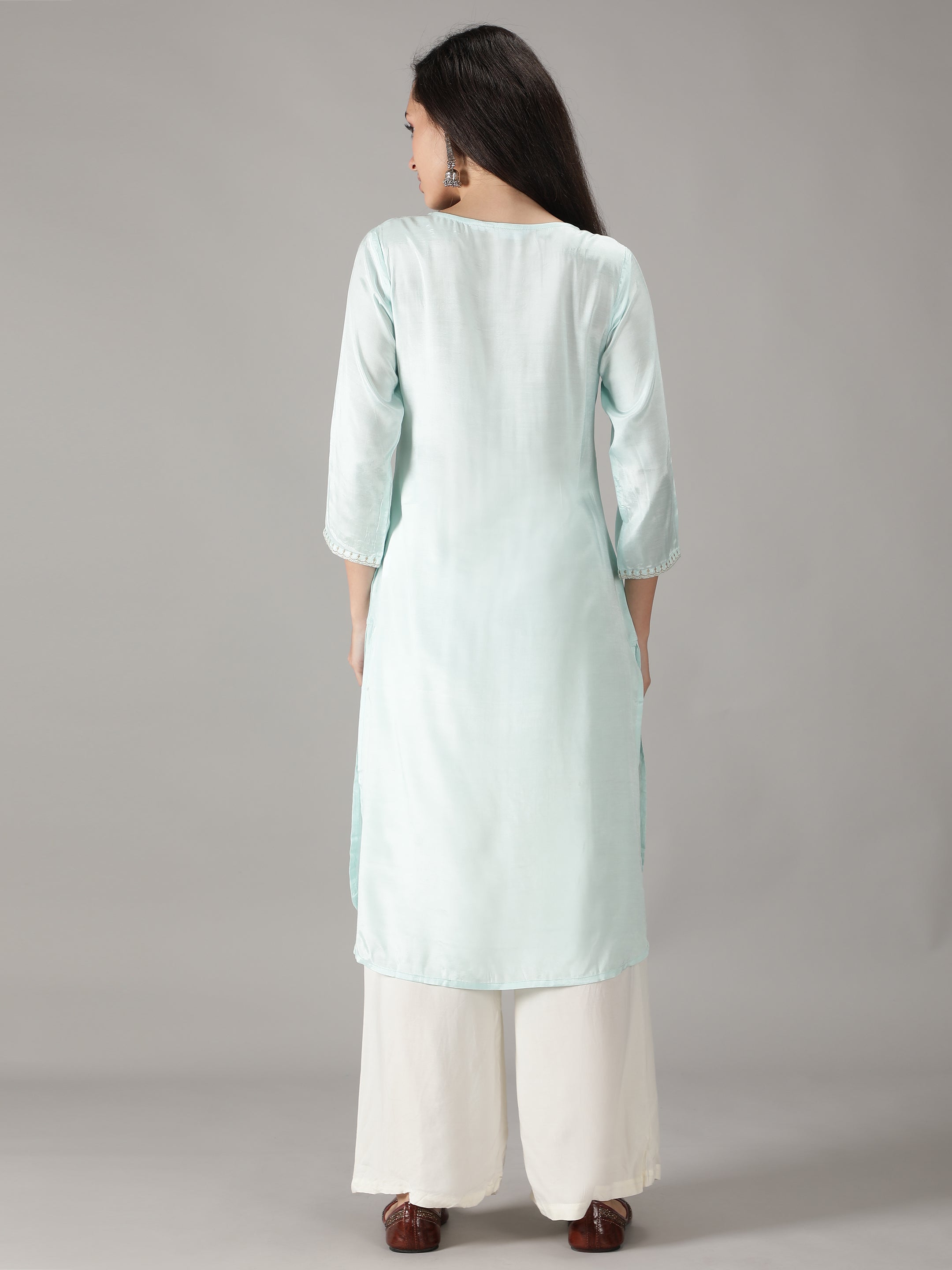 Blue Solid Kurta with Embroidered Yoke