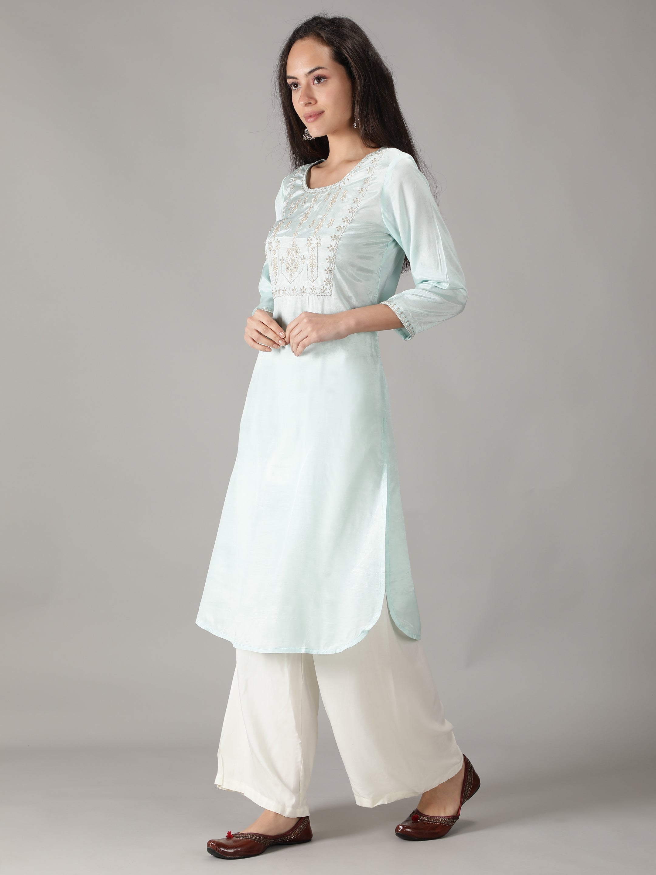 Blue Solid Kurta with Embroidered Yoke