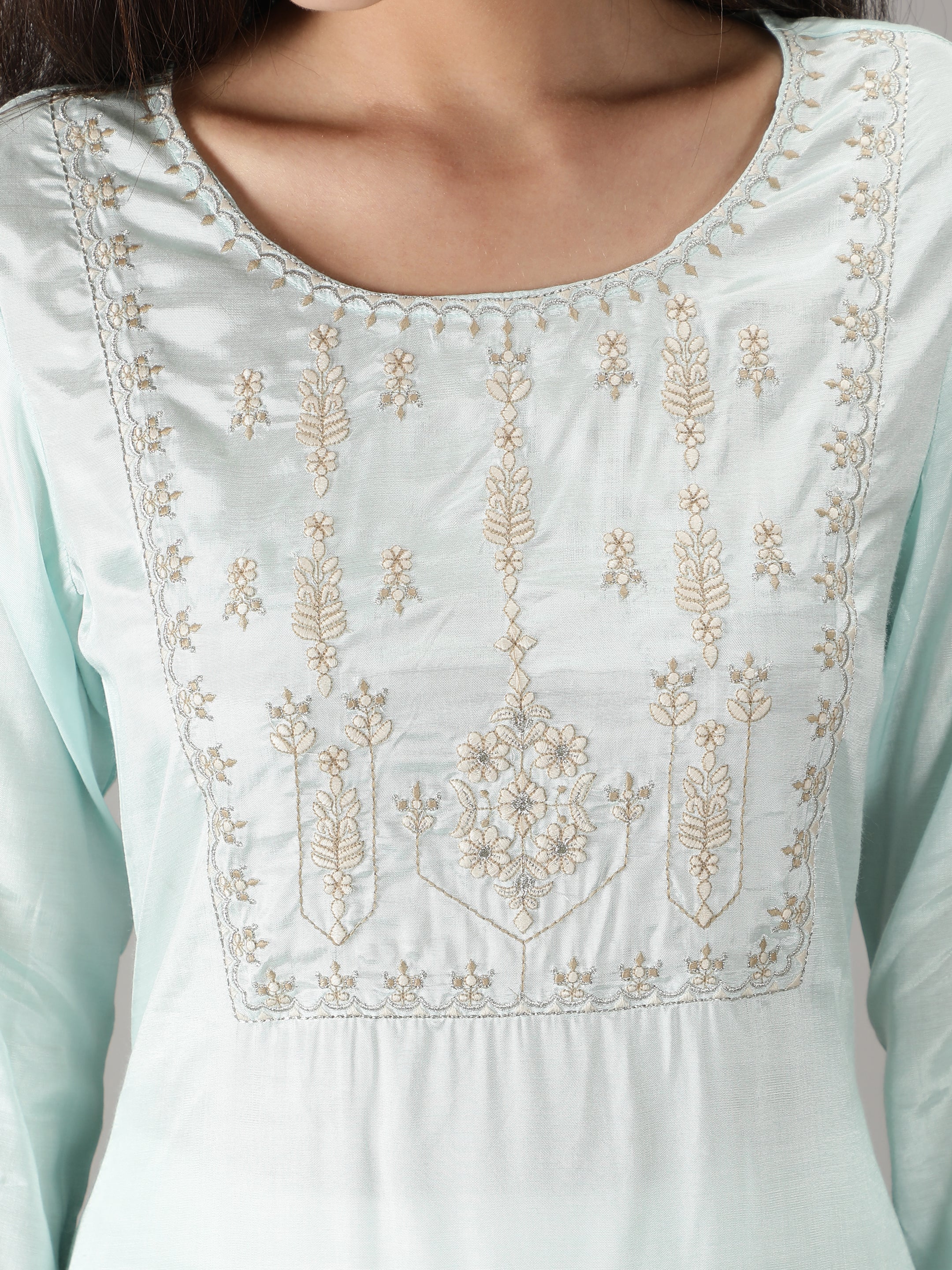 Blue Solid Kurta with Embroidered Yoke